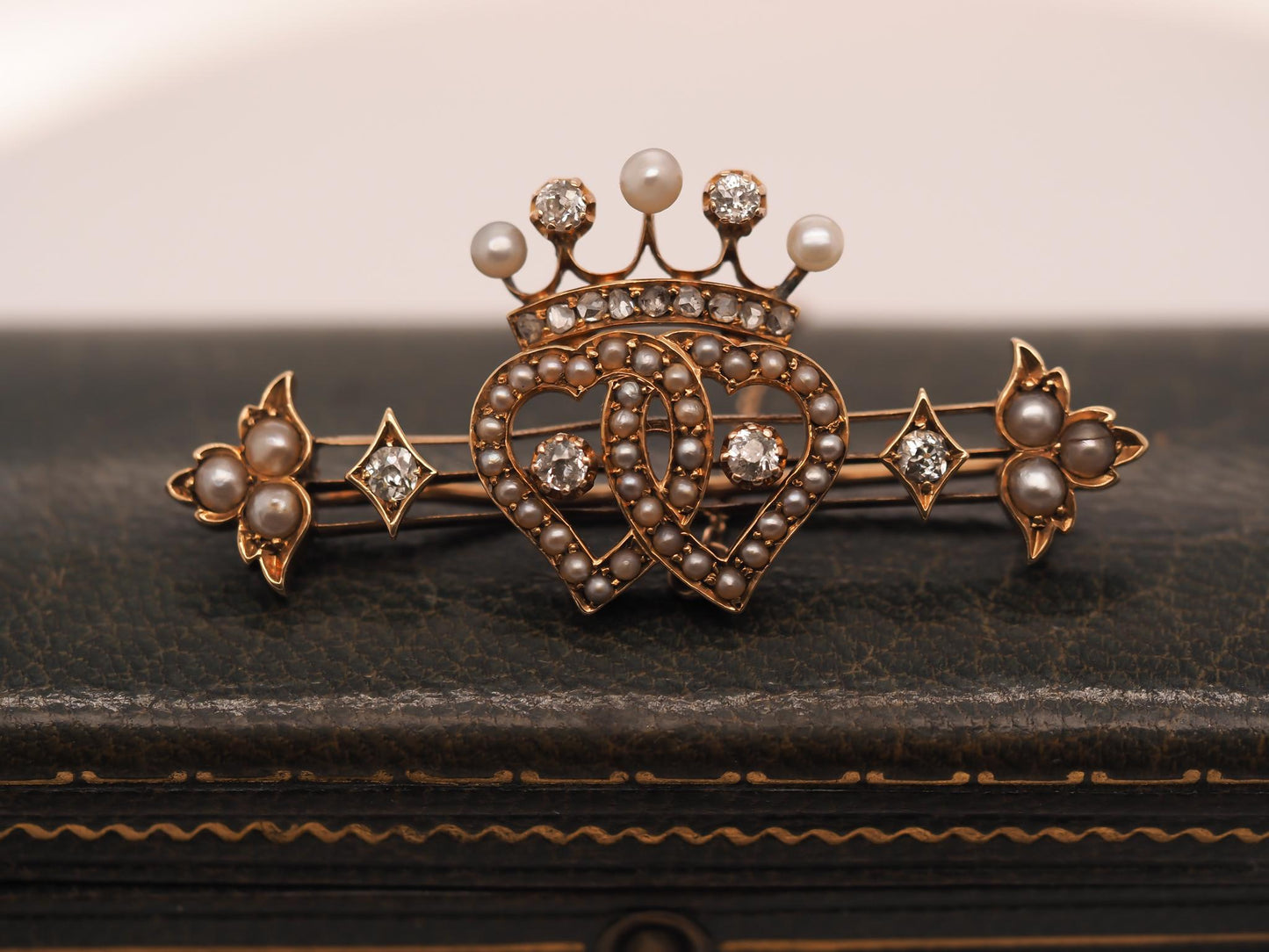 Victorian 14K Yellow Gold Old Mine Diamond and Pearl Heart and Crown Brooch