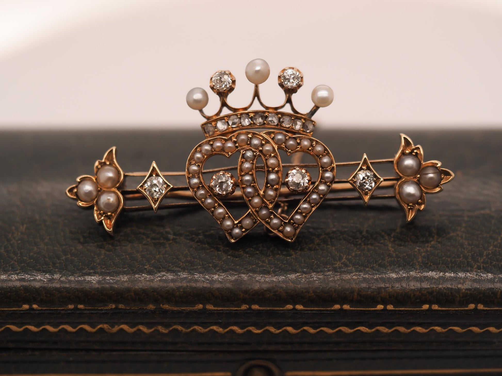 Victorian 14K Yellow Gold Old Mine Diamond and Pearl Heart and Crown Brooch