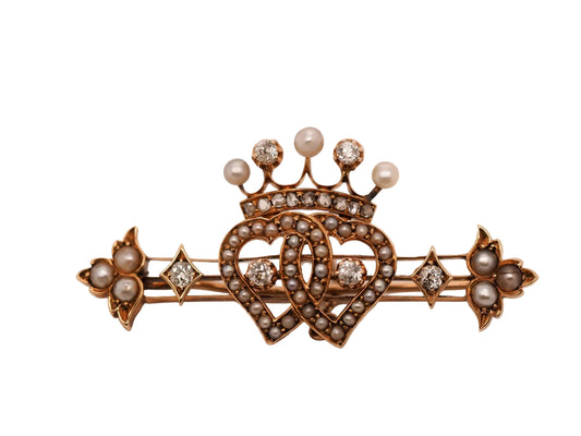 Victorian 14K Yellow Gold Old Mine Diamond and Pearl Heart and Crown Brooch