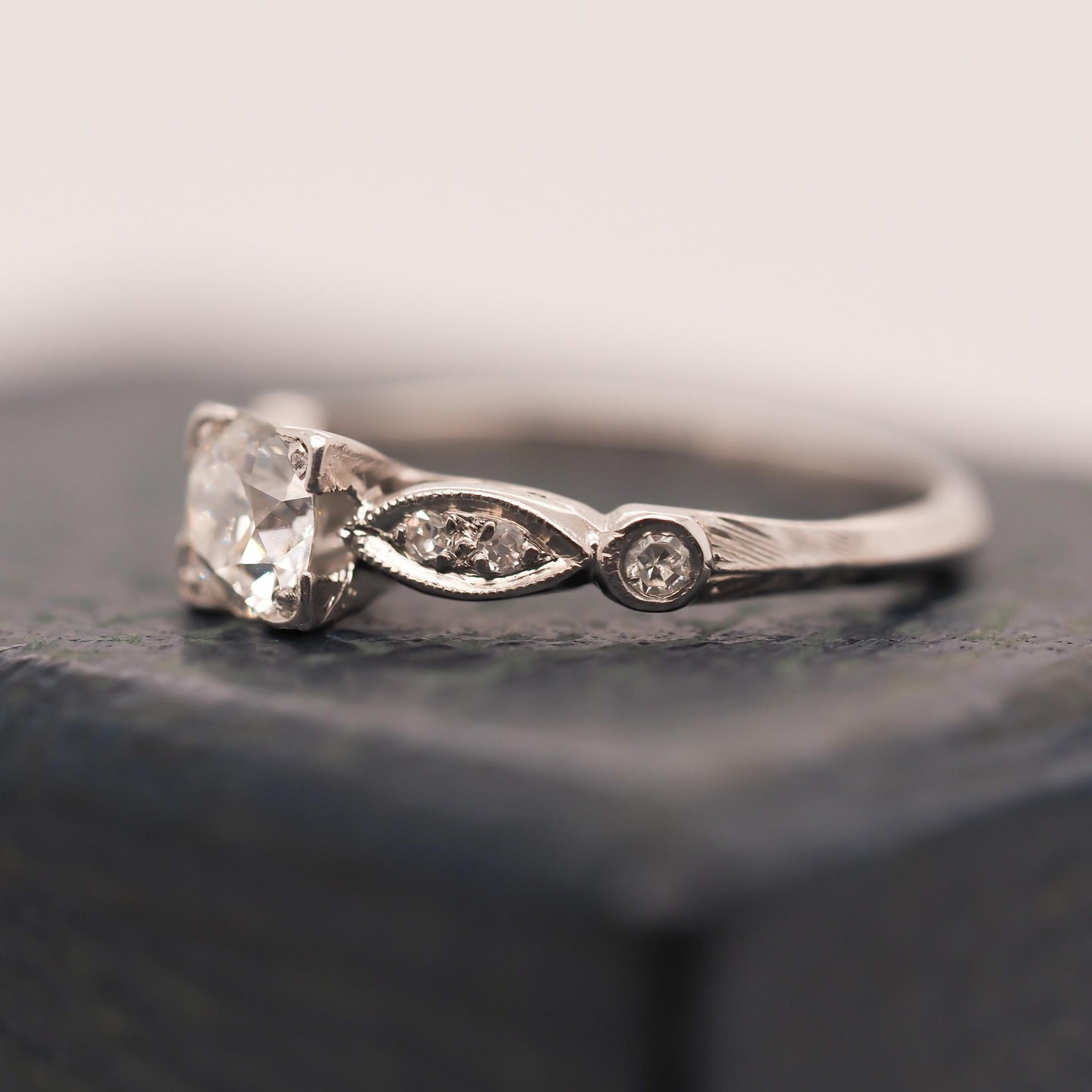 Circa 1938 Engraved Art Deco Platinum Engagement Ring and Band - VHK#631a