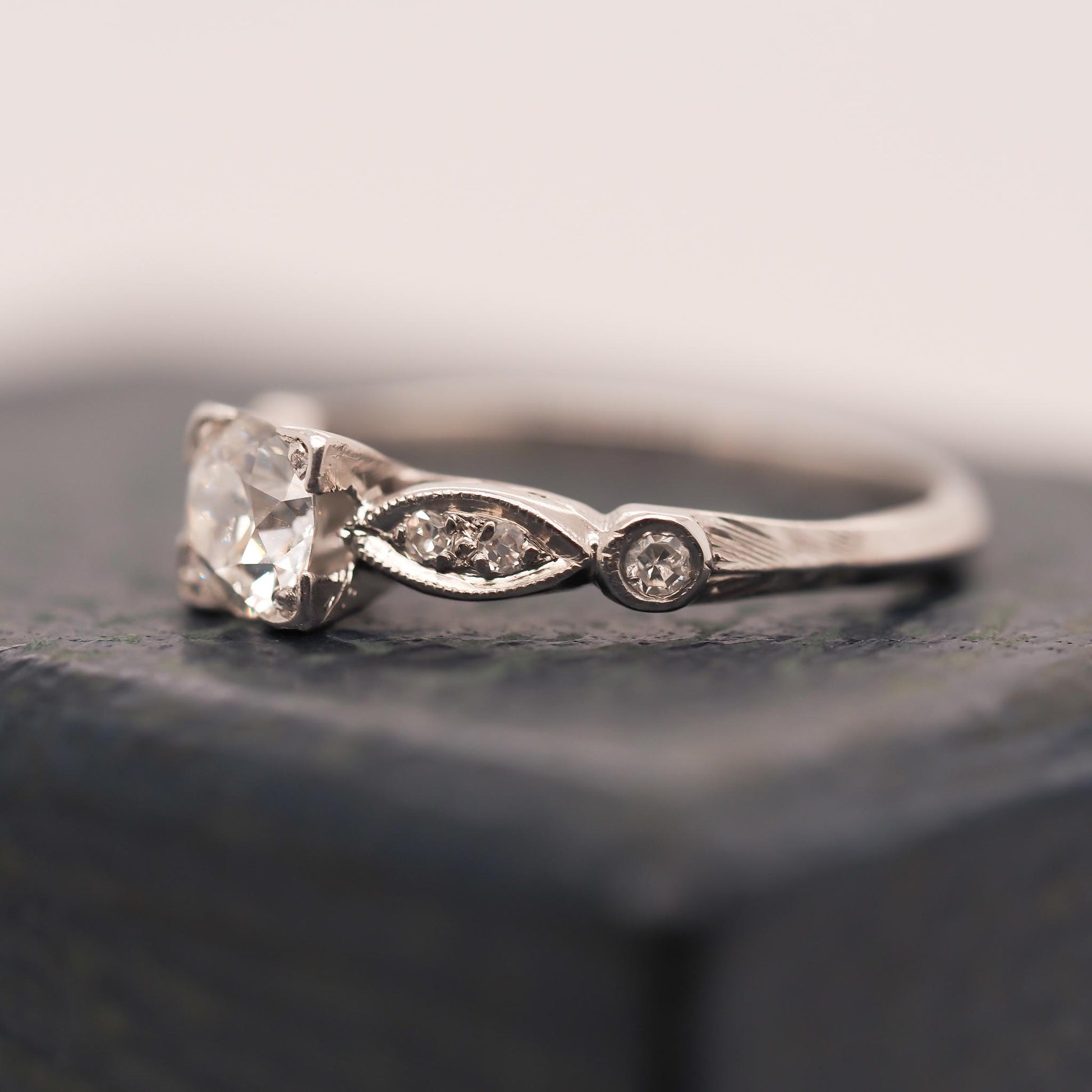 Circa 1938 Engraved Art Deco Platinum Engagement Ring and Band - VHK#631a