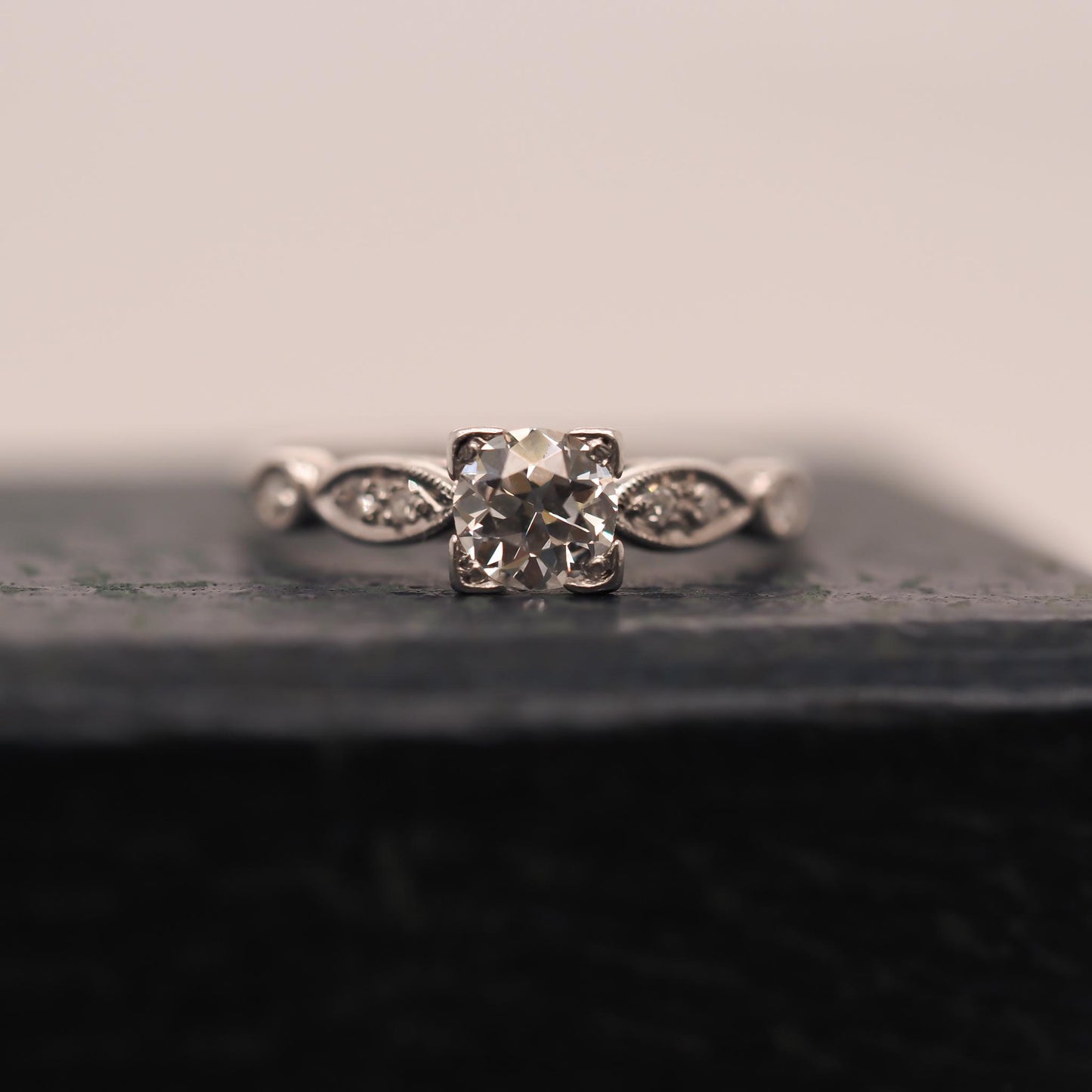 Circa 1938 Engraved Art Deco Platinum Engagement Ring and Band - VHK#631a