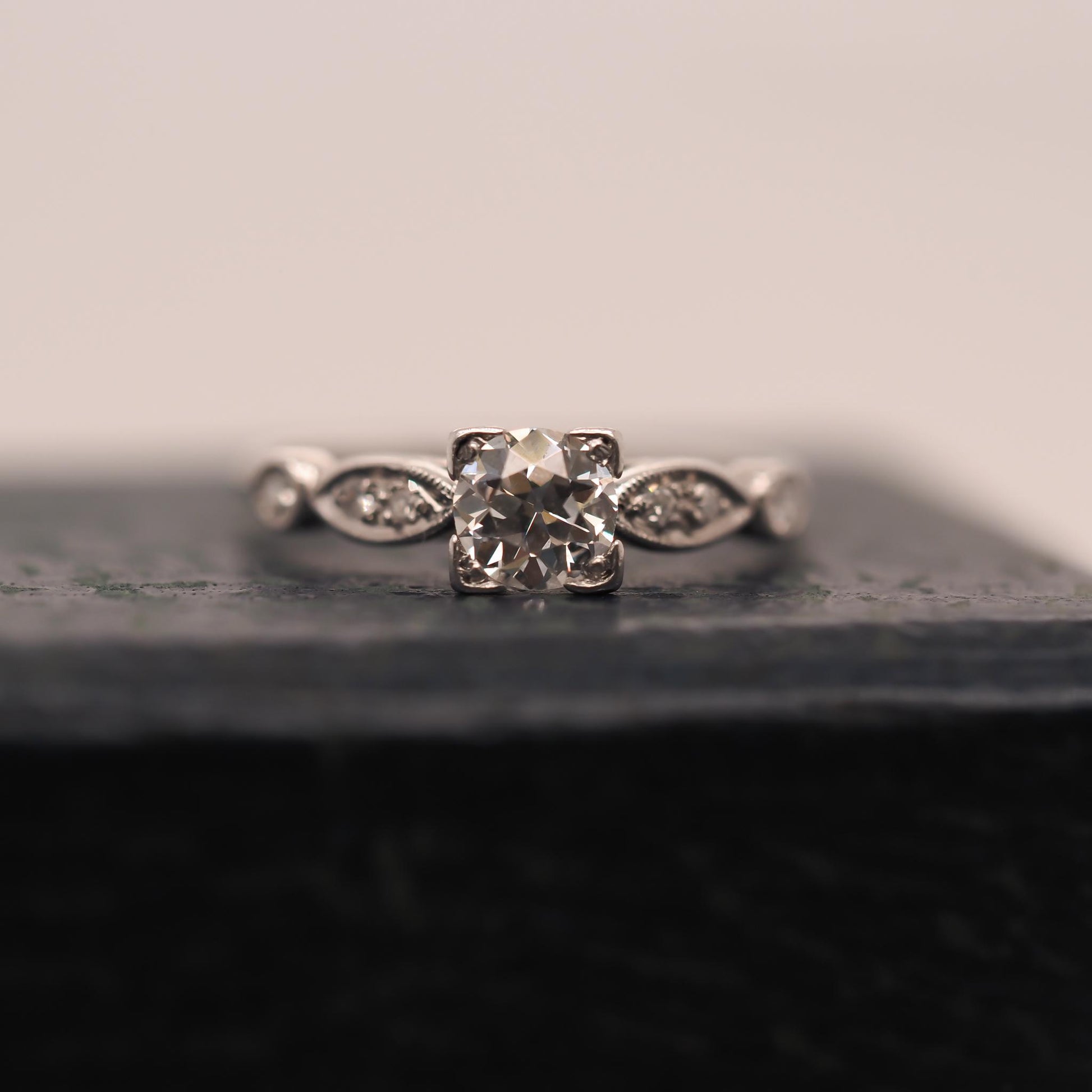 Circa 1938 Engraved Art Deco Platinum Engagement Ring and Band - VHK#631a