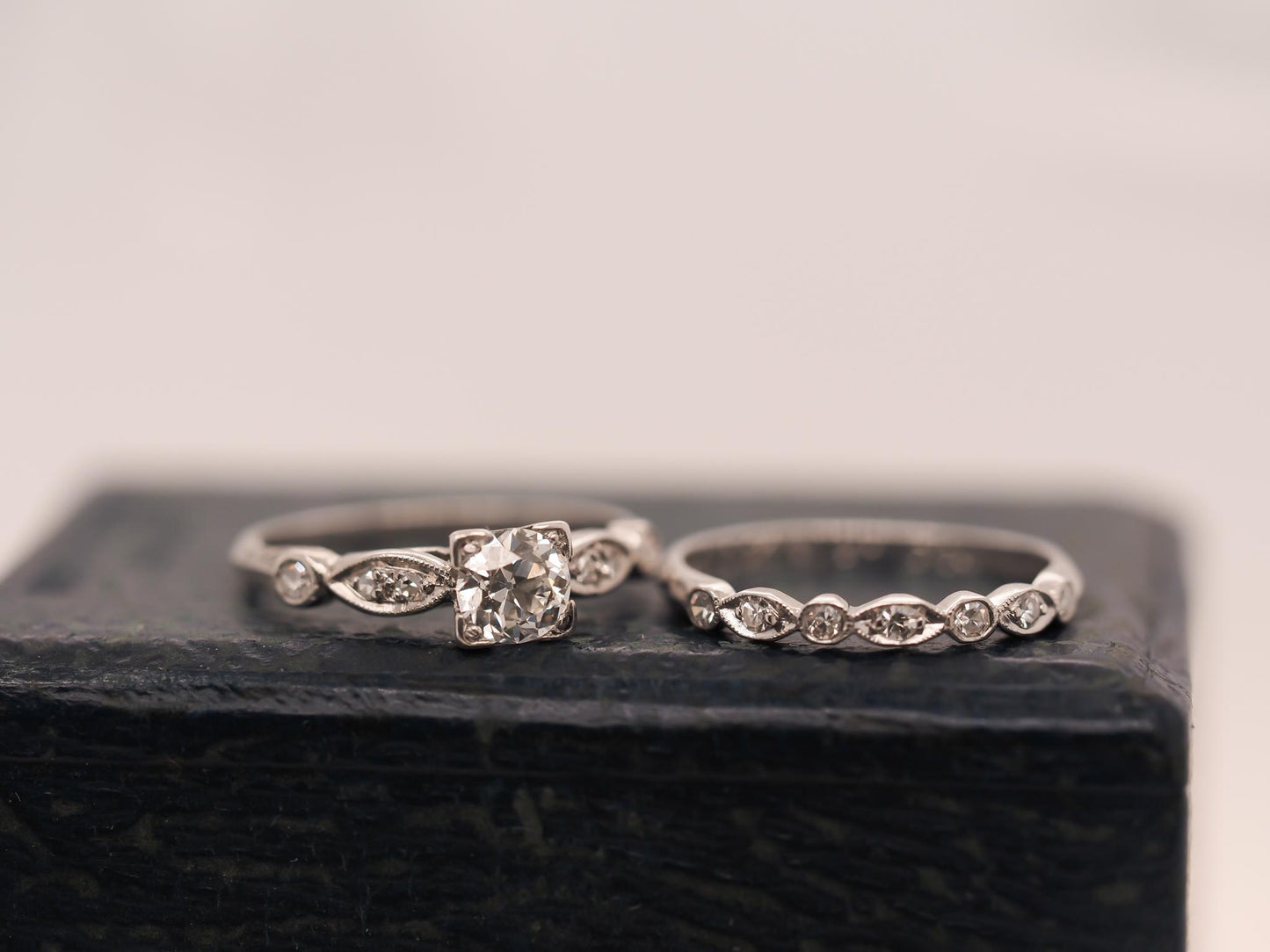 Circa 1938 Engraved Art Deco Platinum Engagement Ring and Band - VHK#631a