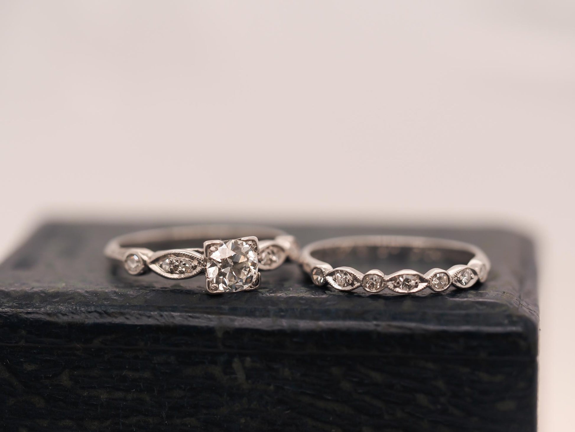 Circa 1938 Engraved Art Deco Platinum Engagement Ring and Band - VHK#631a