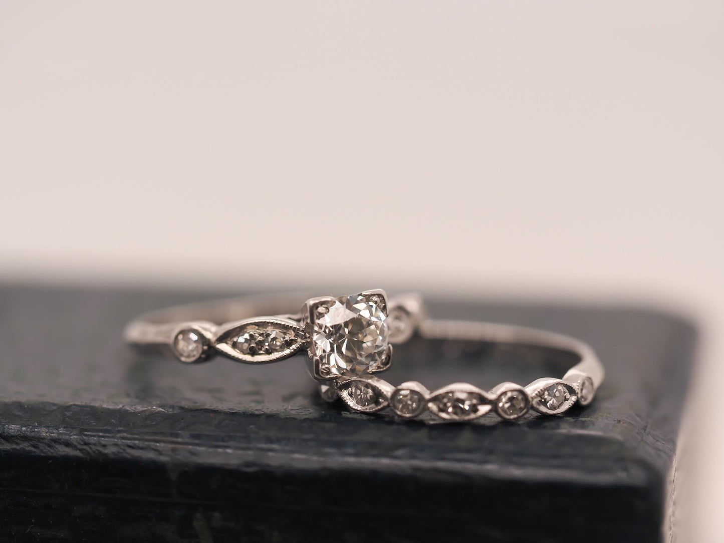 Circa 1938 Engraved Art Deco Platinum Engagement Ring and Band - VHK#631a