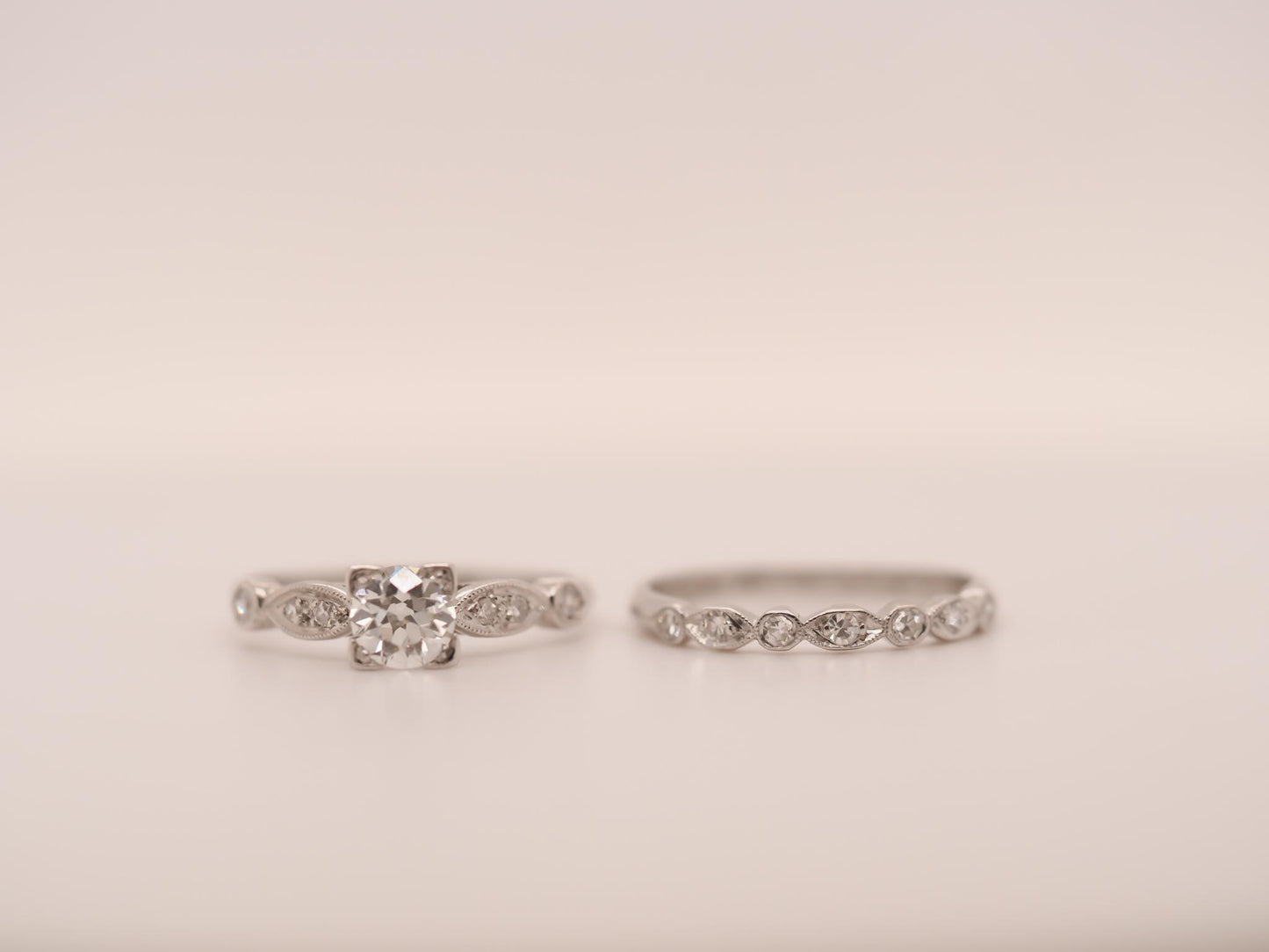 Circa 1938 Engraved Art Deco Platinum Engagement Ring and Band - VHK#631a