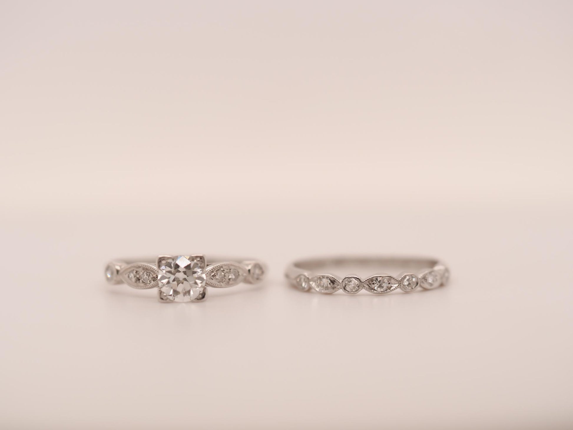 Circa 1938 Engraved Art Deco Platinum Engagement Ring and Band - VHK#631a