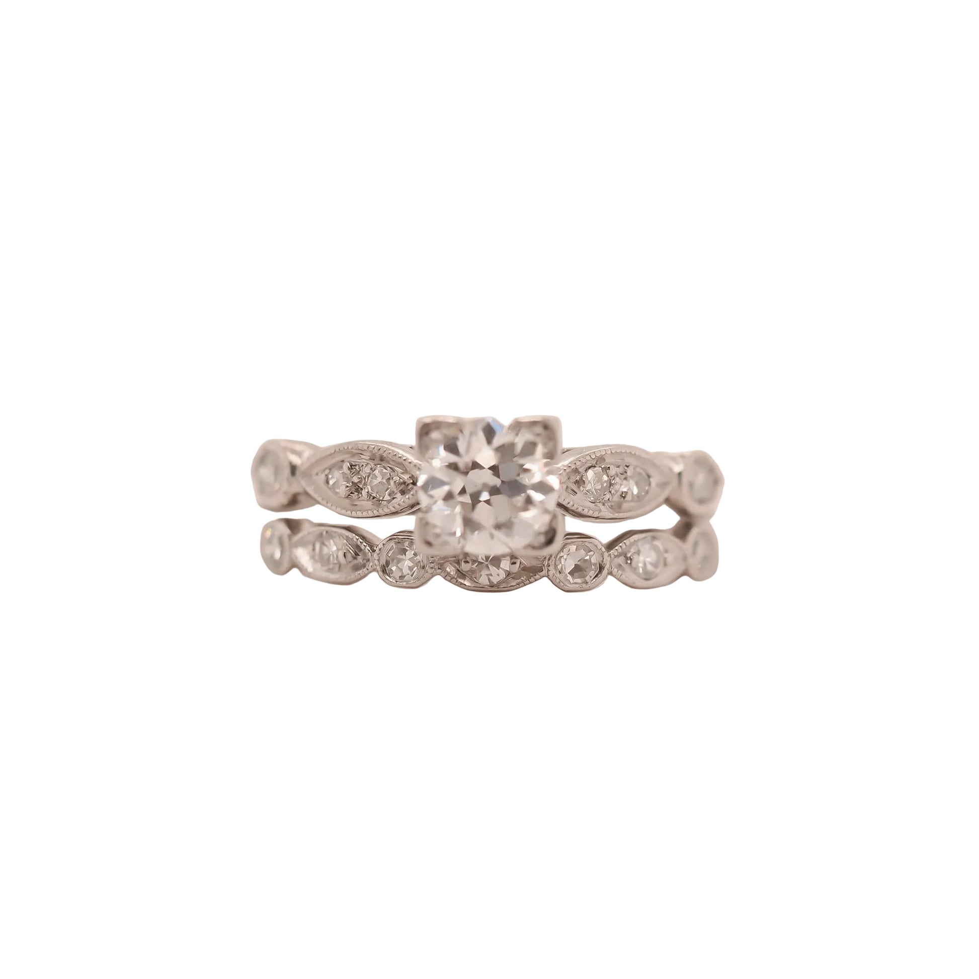 Circa 1938 Engraved Art Deco Platinum Engagement Ring and Band - VHK#631a