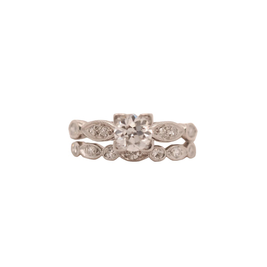 Circa 1938 Engraved Art Deco Platinum Engagement Ring and Band - VHK#631a