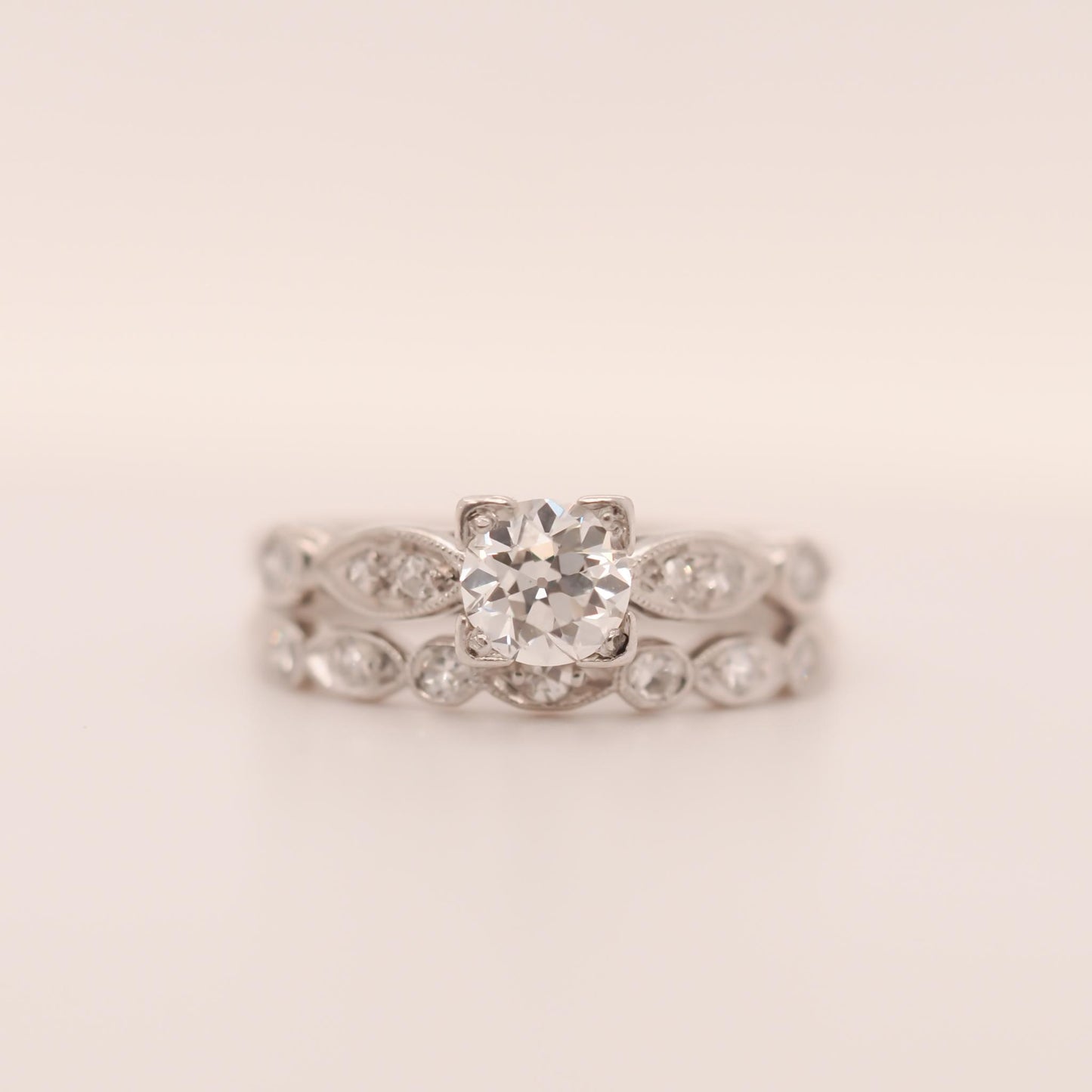 Circa 1938 Engraved Art Deco Platinum Engagement Ring and Band - VHK#631a