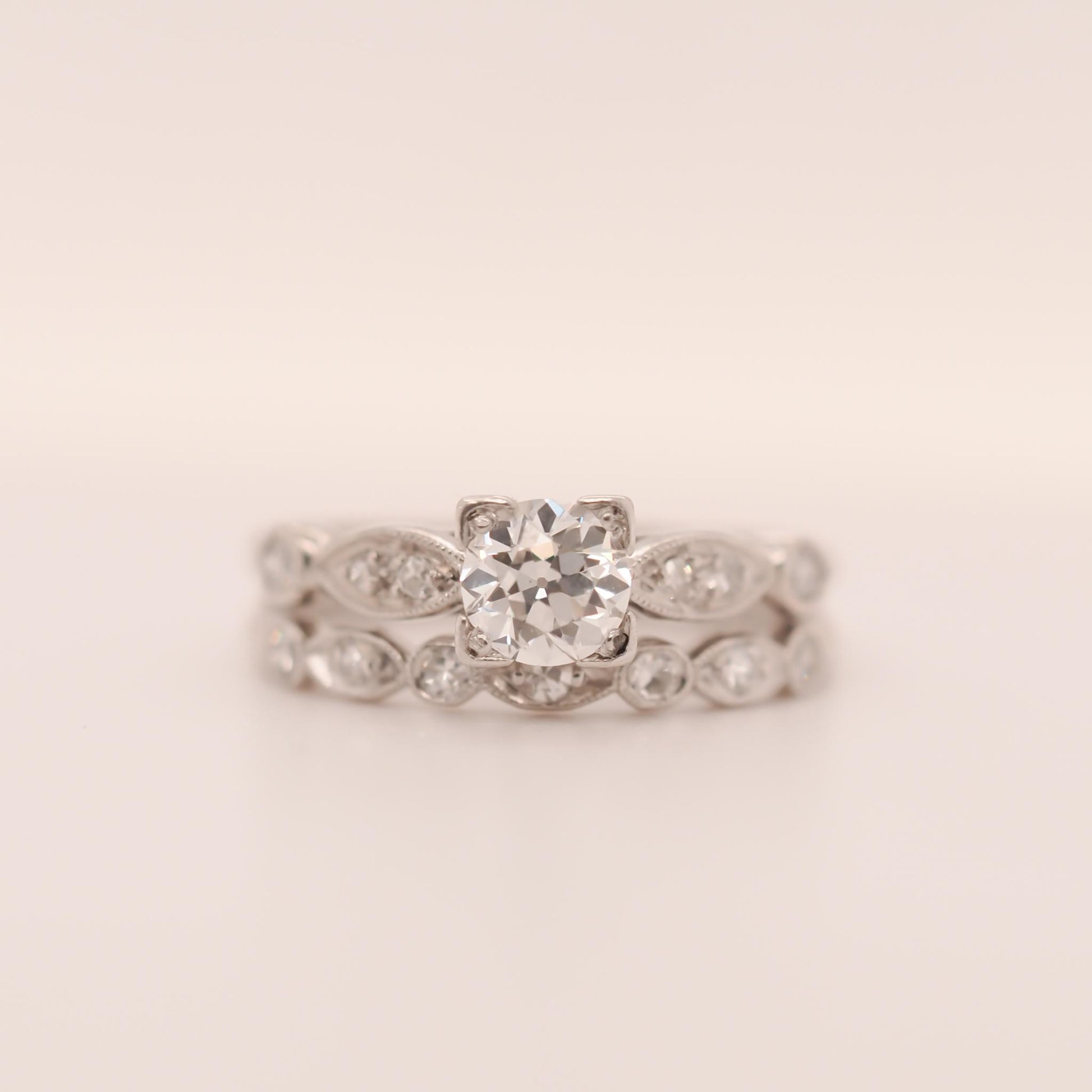 Circa 1938 Engraved Art Deco Platinum Engagement Ring and Band - VHK#631a