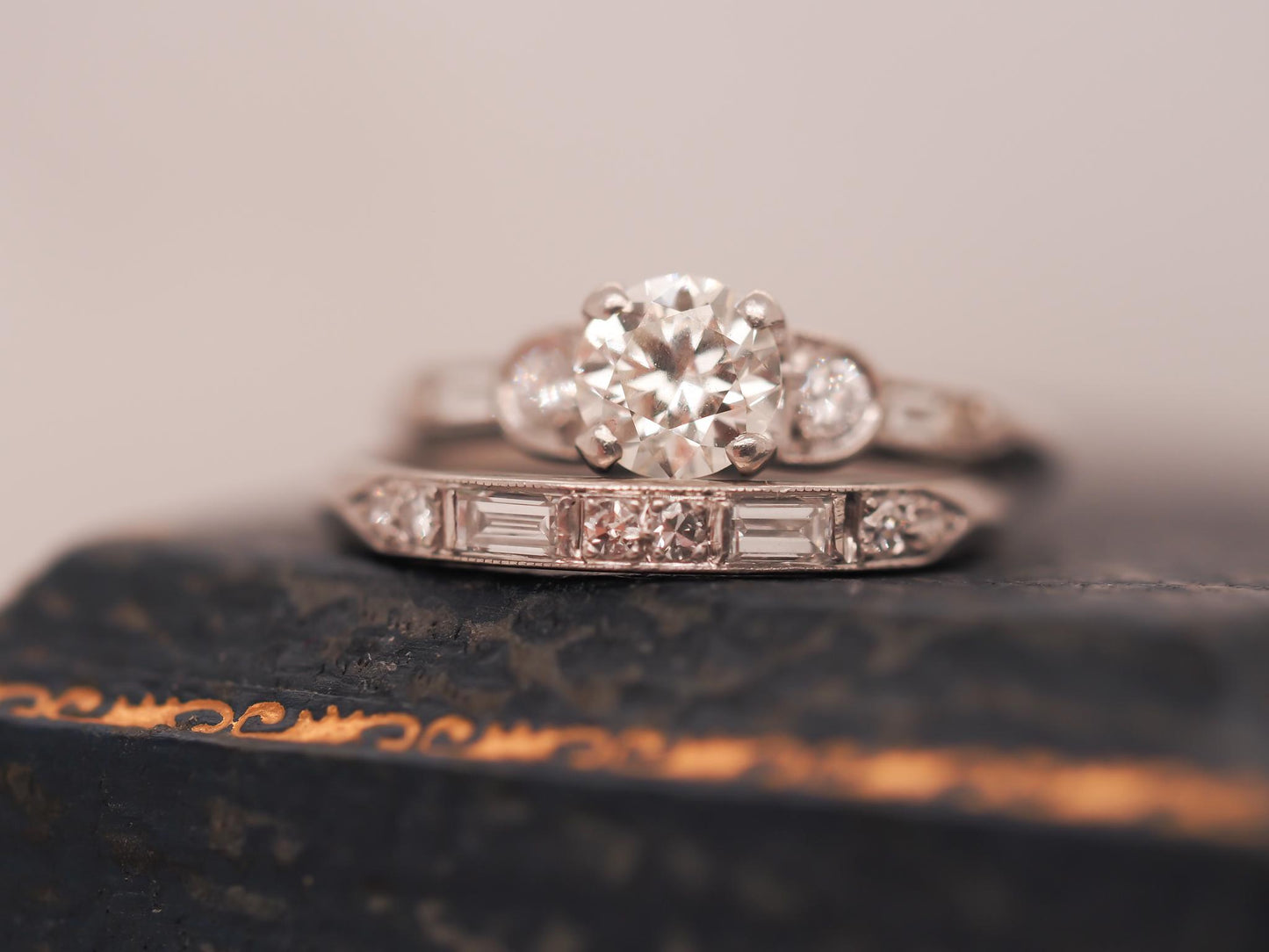 Circa 1930s Platinum Art Deco Engagement Ring and Wedding Band Set