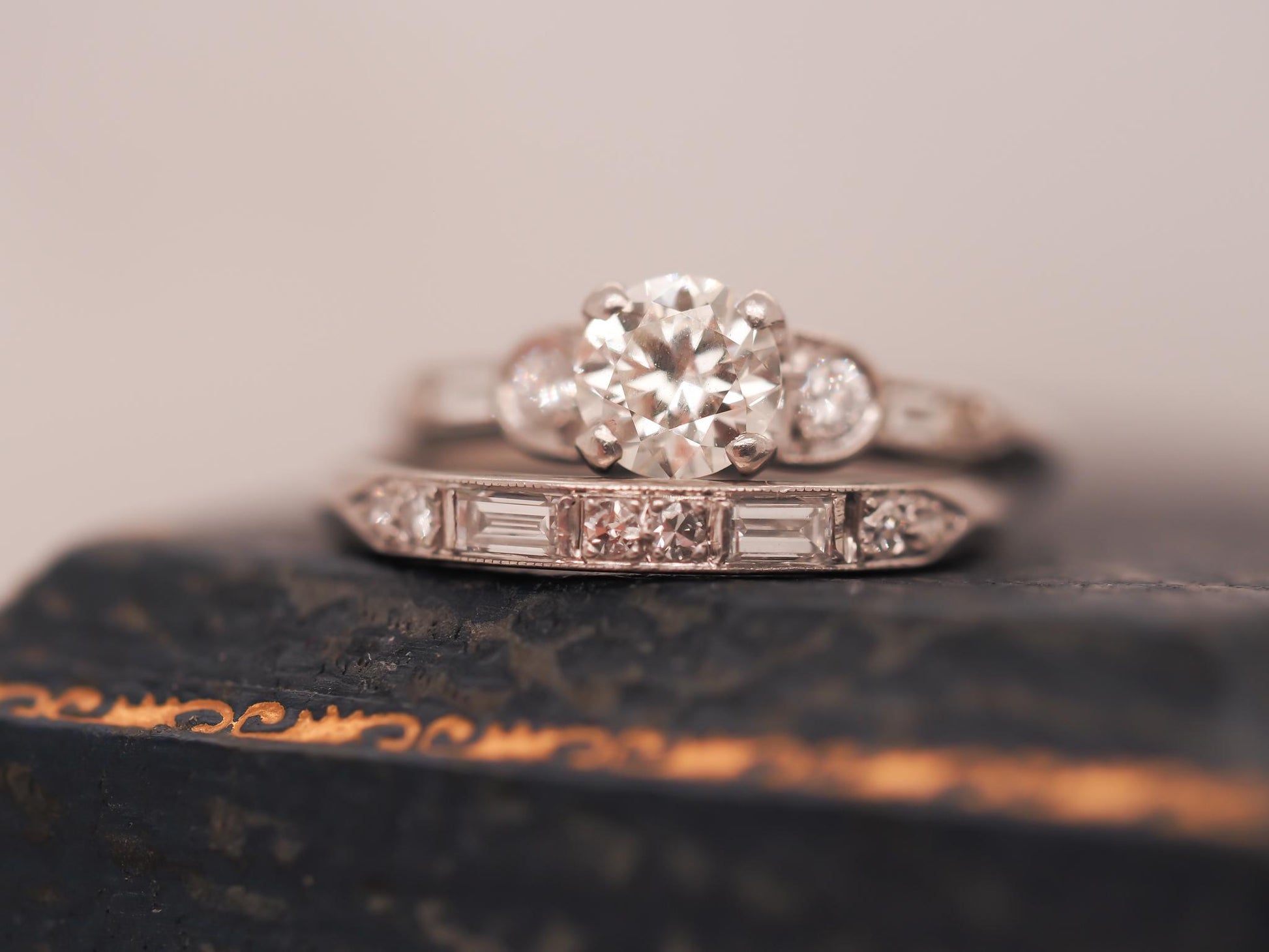 Circa 1930s Platinum Art Deco Engagement Ring and Wedding Band Set