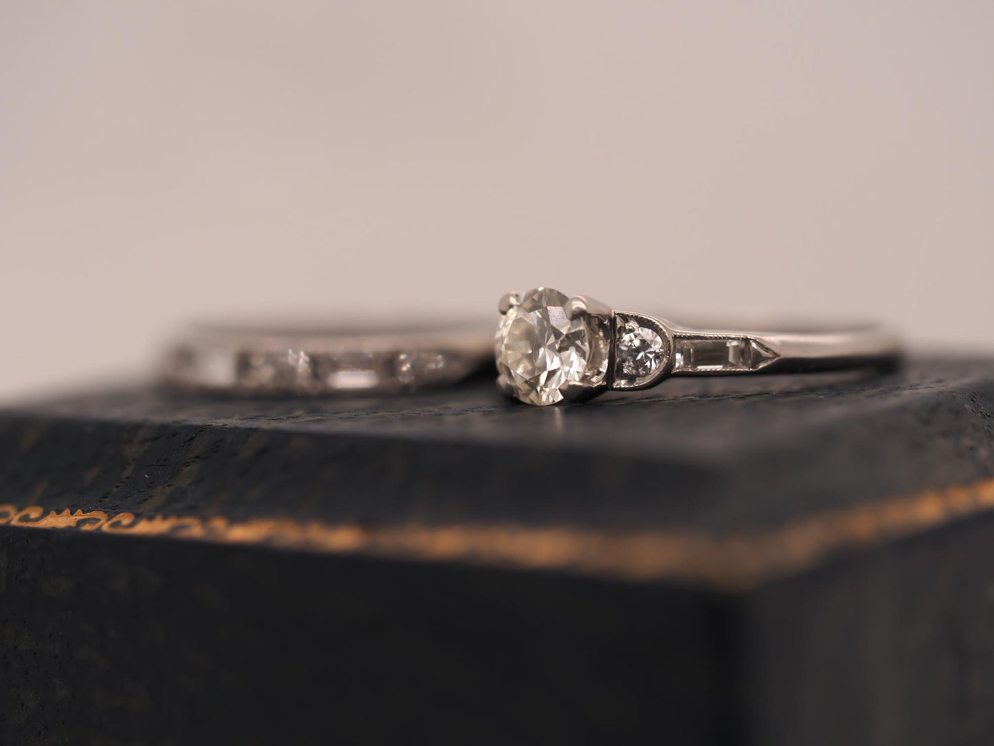 Circa 1930s Platinum Art Deco Engagement Ring and Wedding Band Set