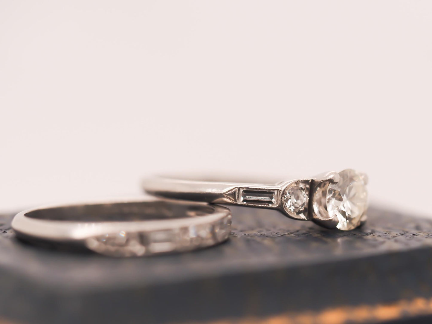 Circa 1930s Platinum Art Deco Engagement Ring and Wedding Band Set