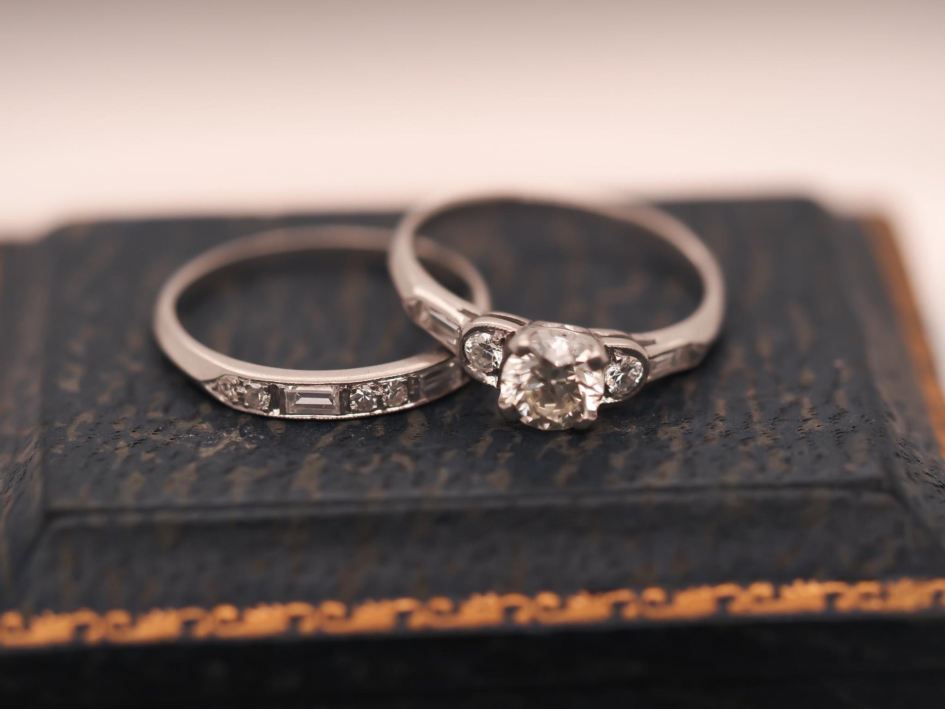 Circa 1930s Platinum Art Deco Engagement Ring and Wedding Band Set