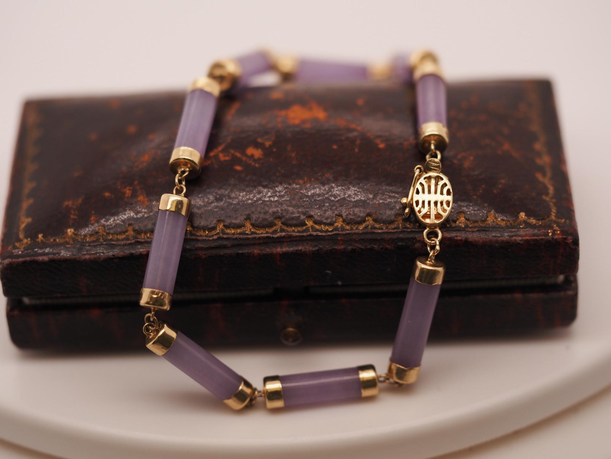 Vintage 14K Yellow Gold Lavender Jade Link Bracelet - VHK#743
