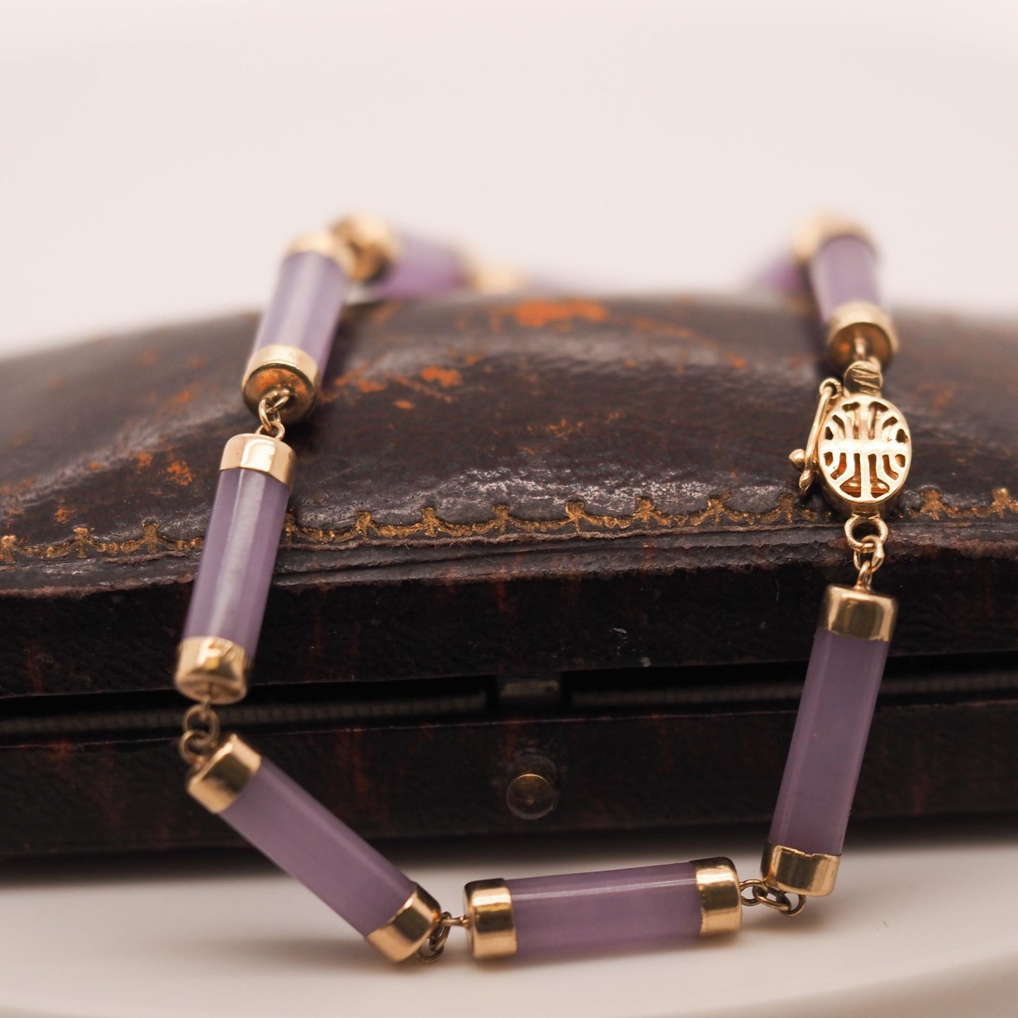 Vintage 14K Yellow Gold Lavender Jade Link Bracelet - VHK#743