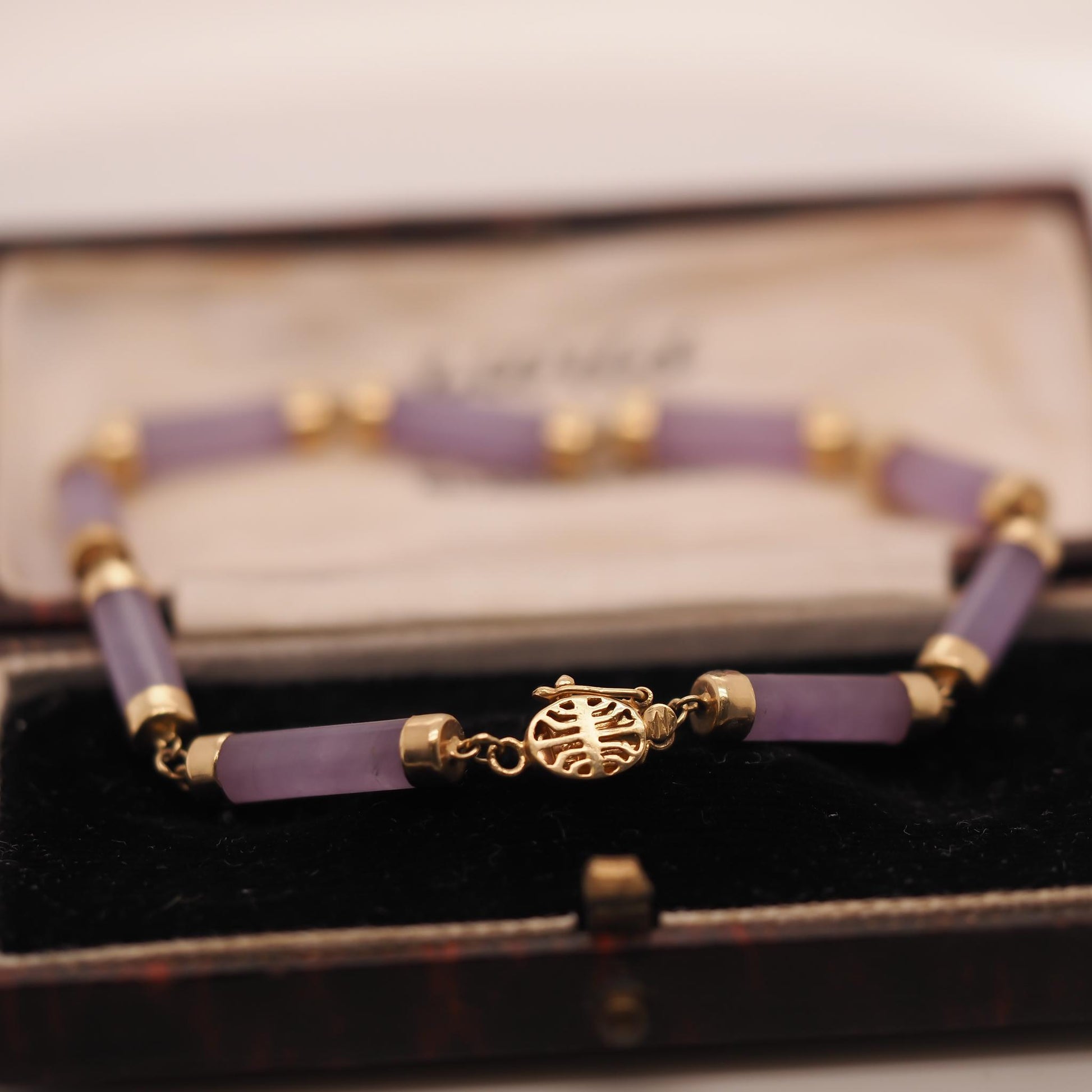 Vintage 14K Yellow Gold Lavender Jade Link Bracelet - VHK#743