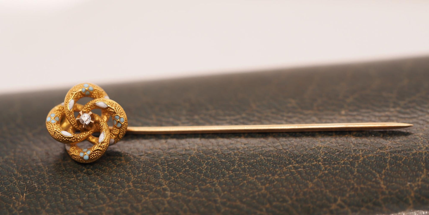 Circa 1900s 14K Yellow Gold Enamel and Diamond Stick Pin - VHK#746