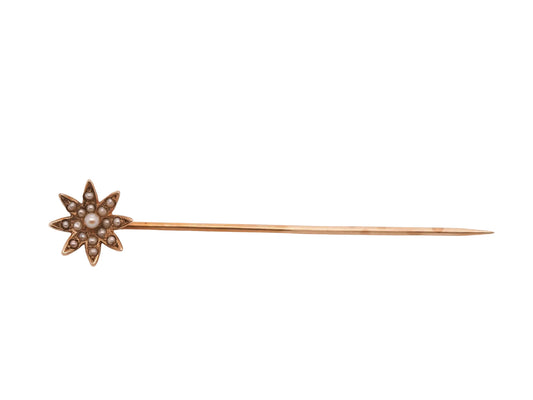 Circa 1900s 14K Yellow Gold and Pearl Starburst Stick Pin - VHK#750