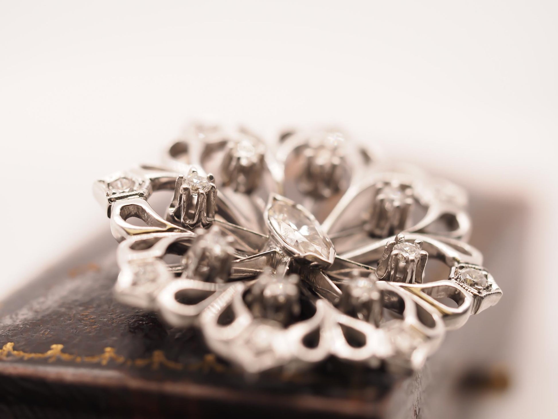 1940s Art Deco 14K White Gold Antique Marquise Diamond Brooch and Pendant