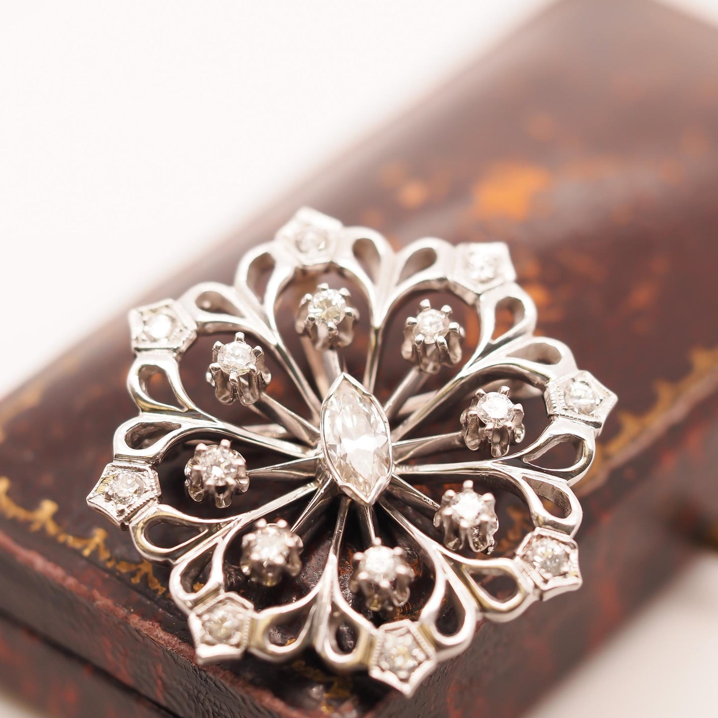 1940s Art Deco 14K White Gold Antique Marquise Diamond Brooch and Pendant