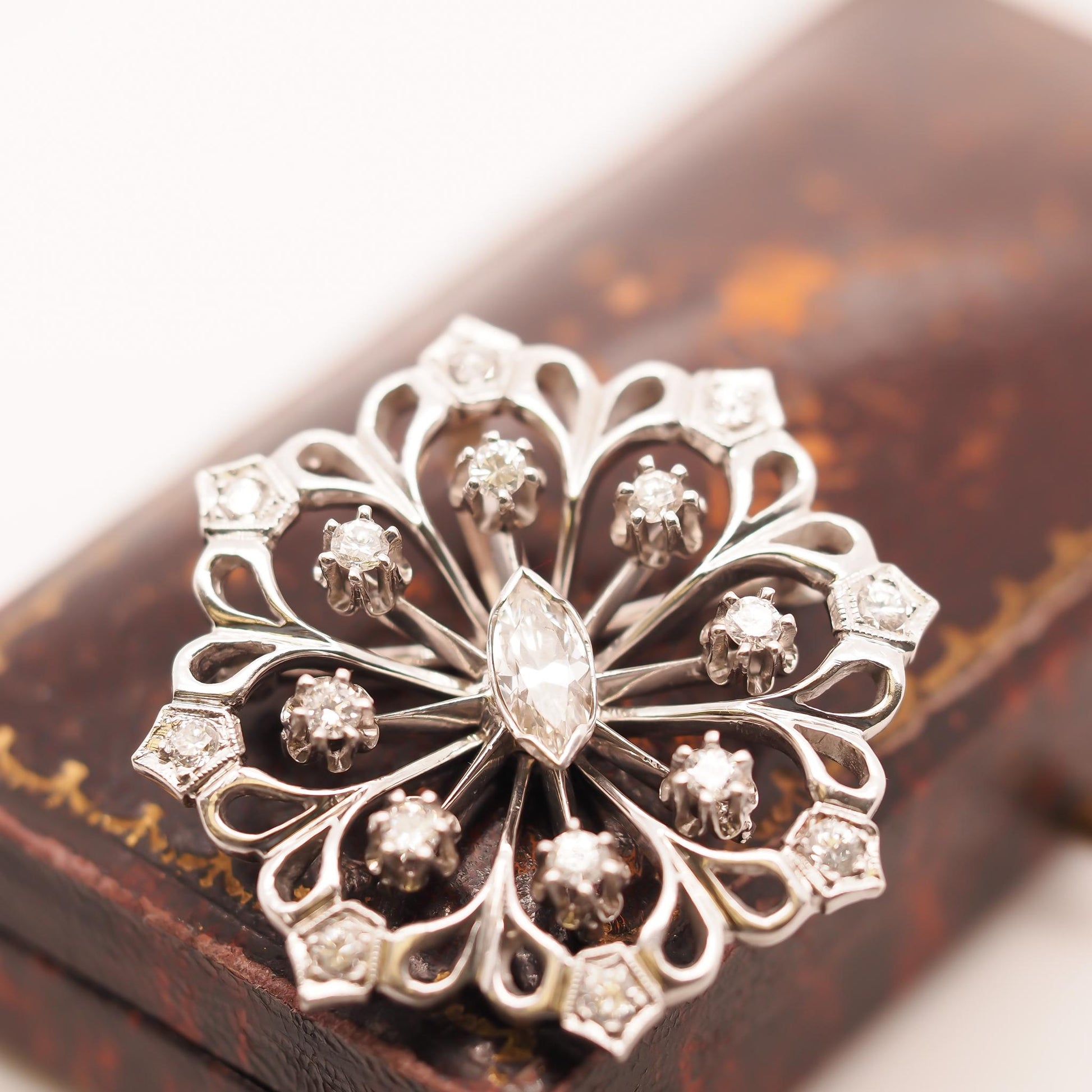 1940s Art Deco 14K White Gold Antique Marquise Diamond Brooch and Pendant