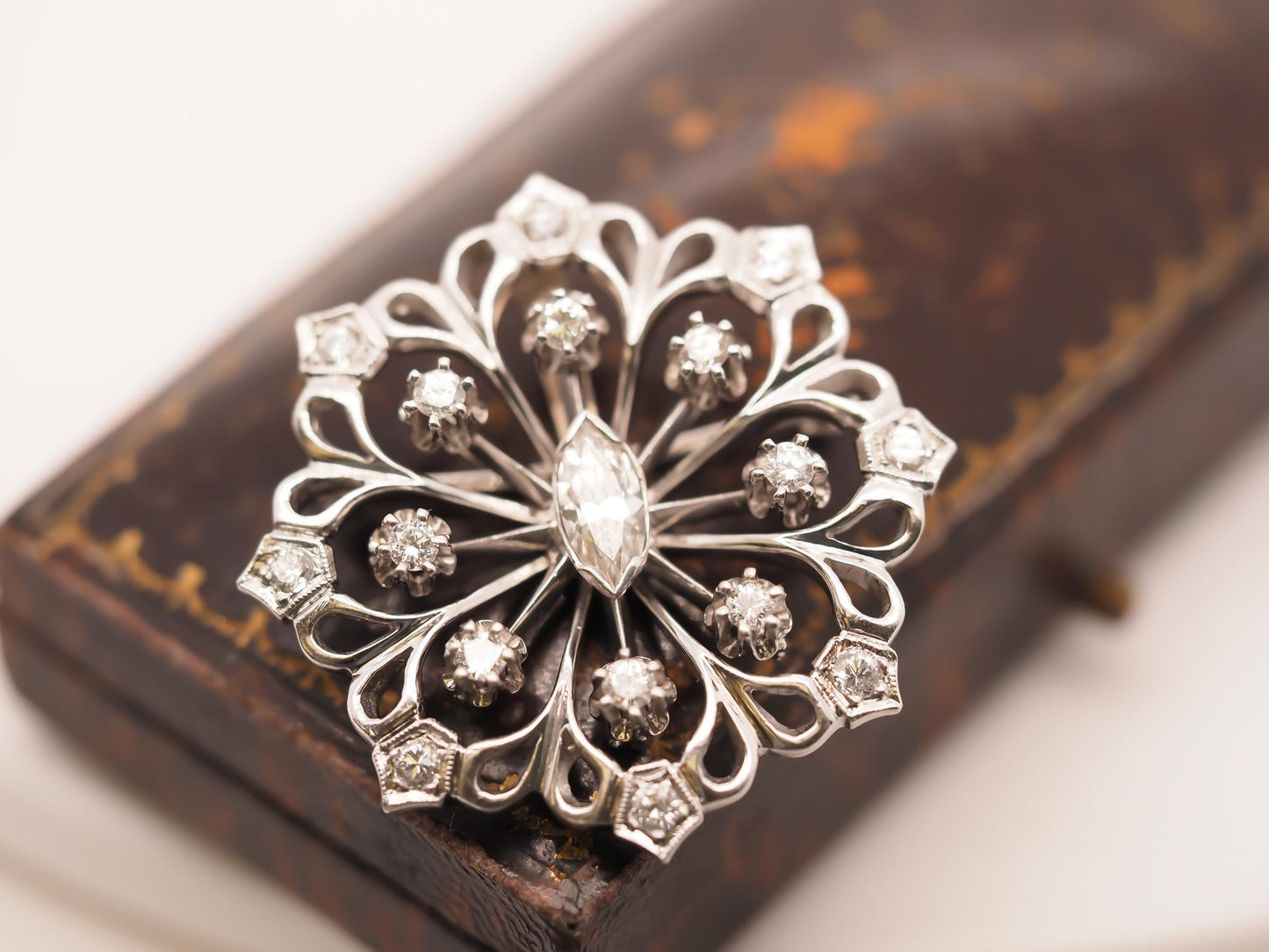 1940s Art Deco 14K White Gold Antique Marquise Diamond Brooch and Pendant