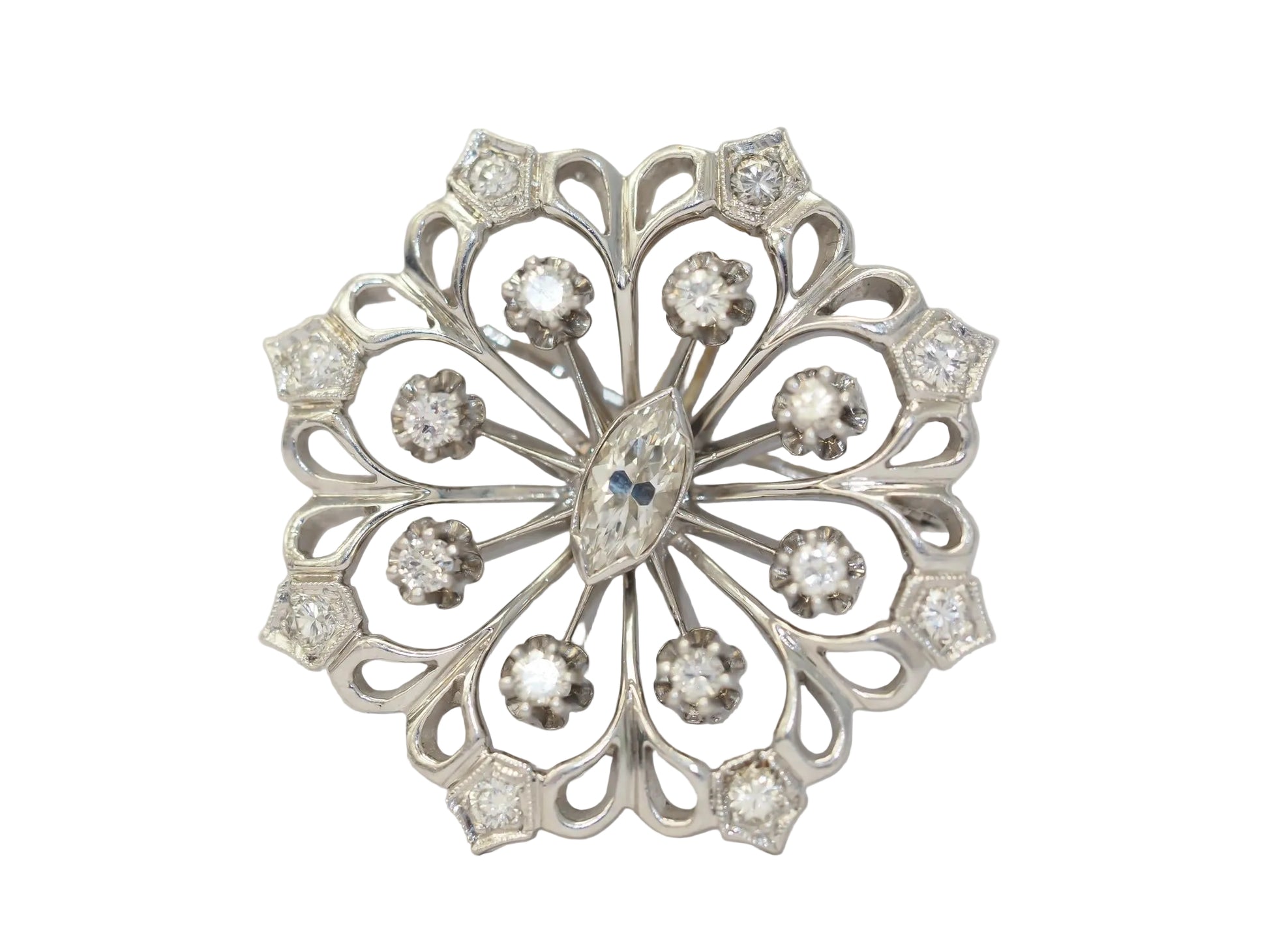 1940s Art Deco 14K White Gold Antique Marquise Diamond Brooch and Pendant