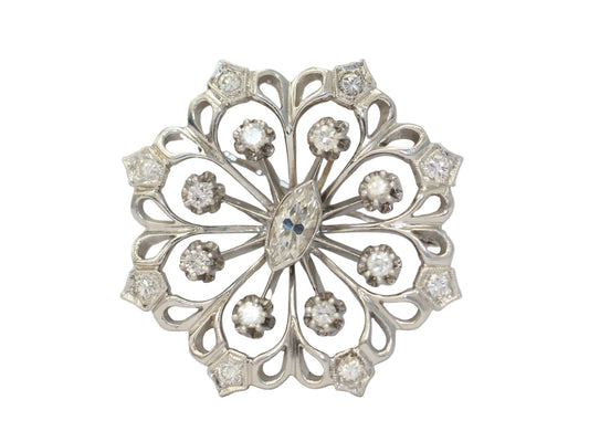 1940s Art Deco 14K White Gold Antique Marquise Diamond Brooch and Pendant