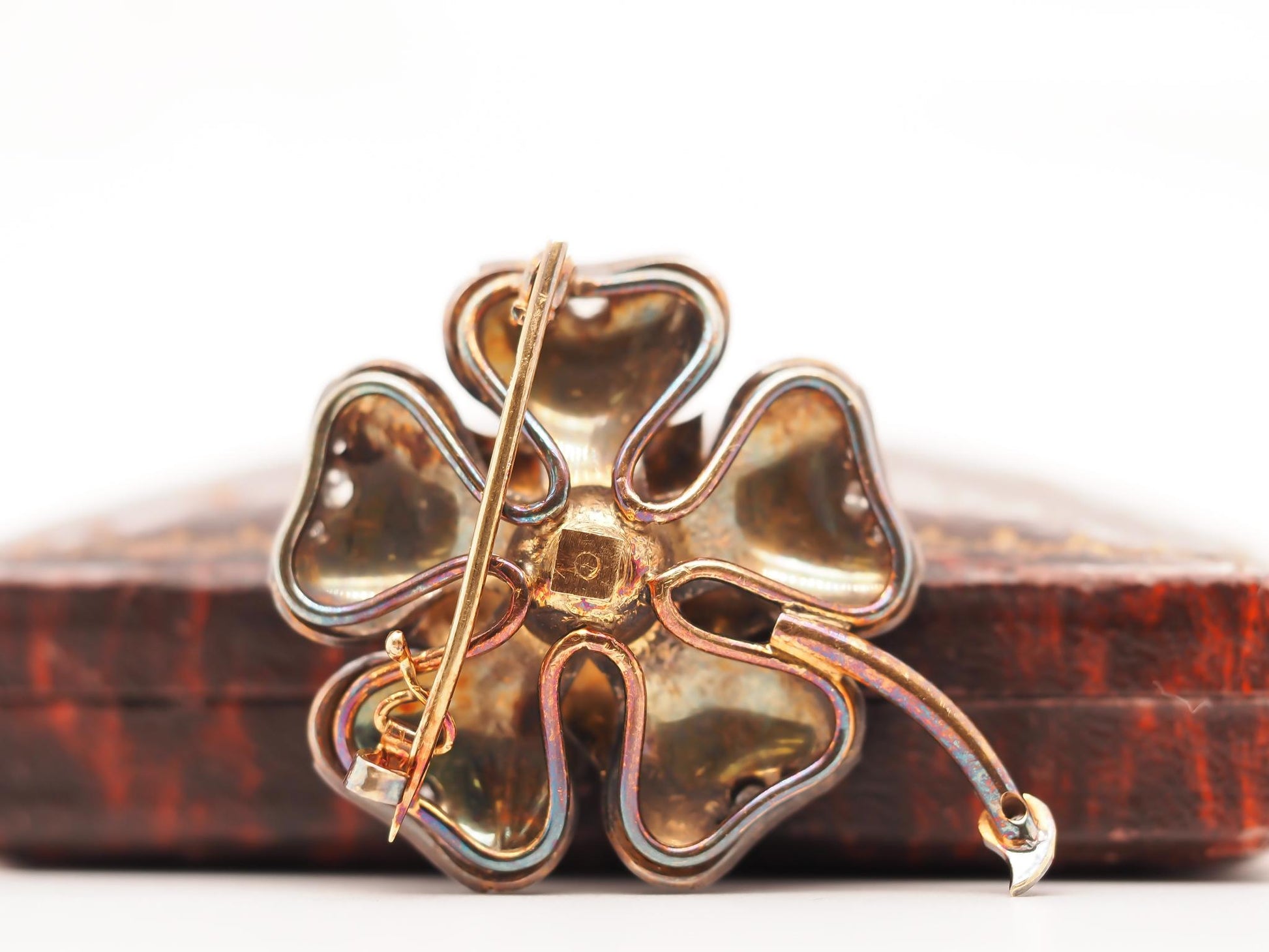 1890s 18K Yellow Gold Enamel and Old Mine Diamond Flower Brooch