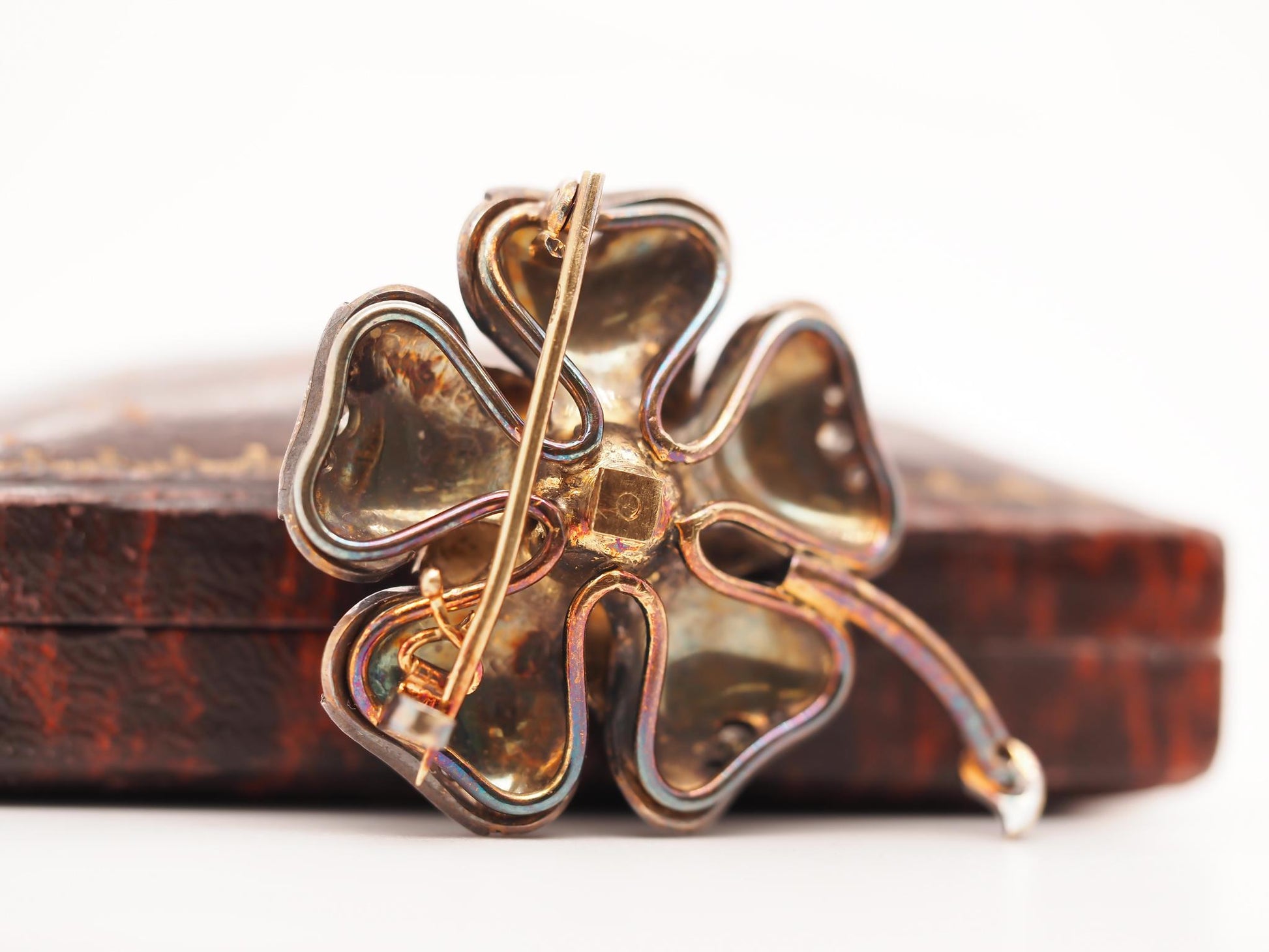 1890s 18K Yellow Gold Enamel and Old Mine Diamond Flower Brooch