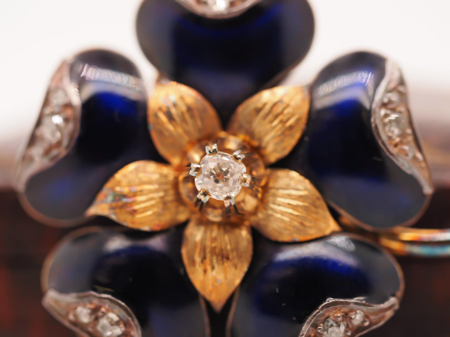 1890s 18K Yellow Gold Enamel and Old Mine Diamond Flower Brooch