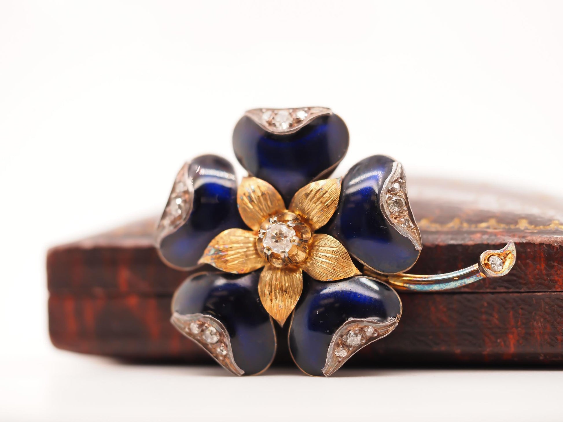 1890s 18K Yellow Gold Enamel and Old Mine Diamond Flower Brooch