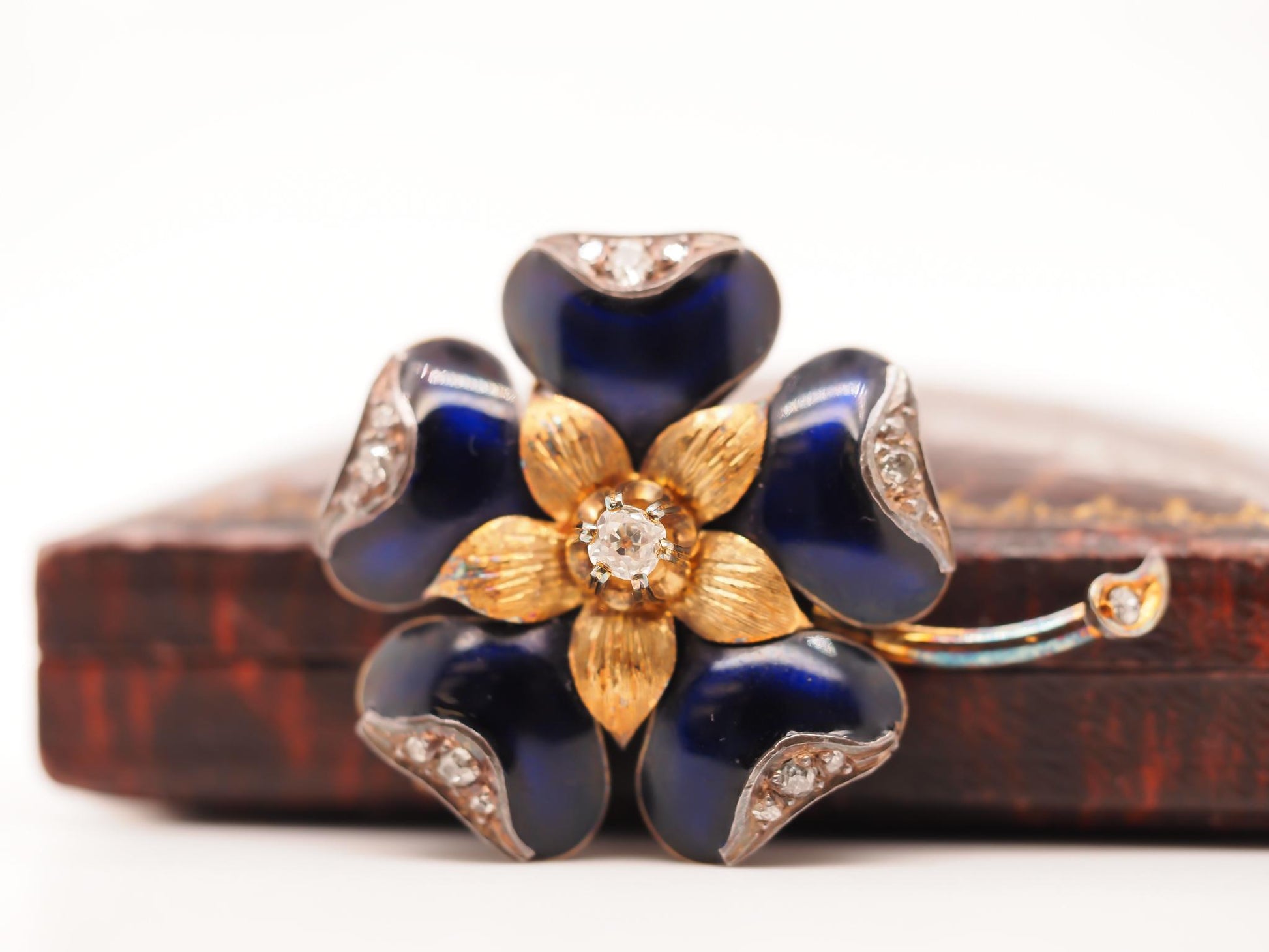1890s 18K Yellow Gold Enamel and Old Mine Diamond Flower Brooch