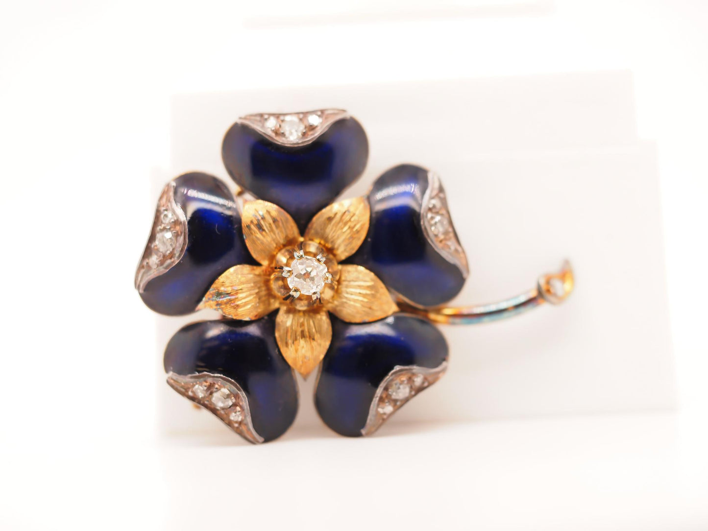 1890s 18K Yellow Gold Enamel and Old Mine Diamond Flower Brooch