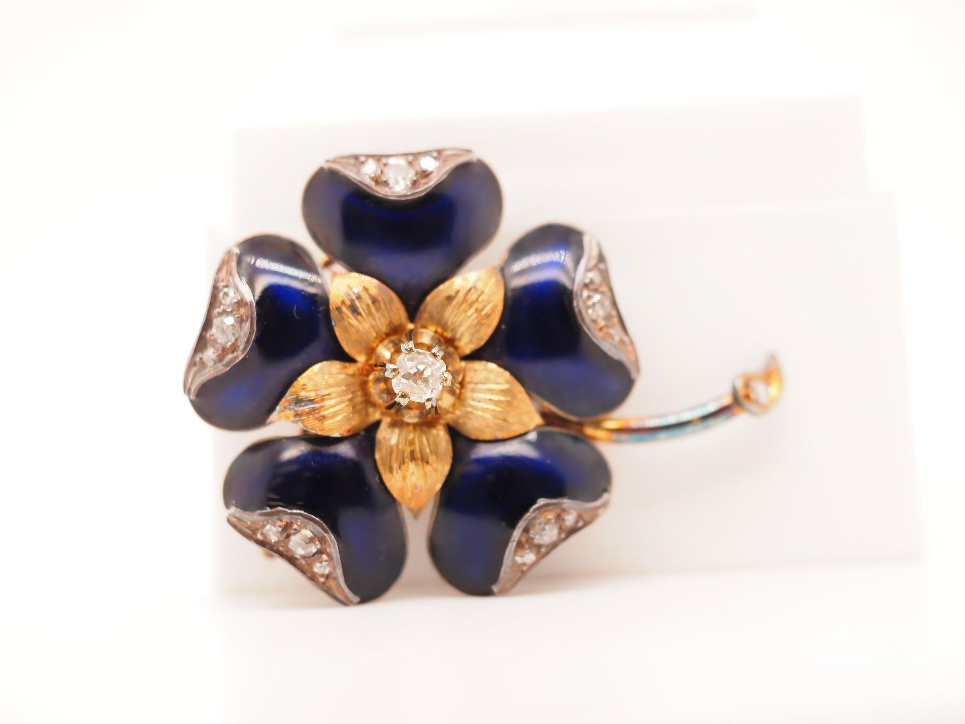 1890s 18K Yellow Gold Enamel and Old Mine Diamond Flower Brooch