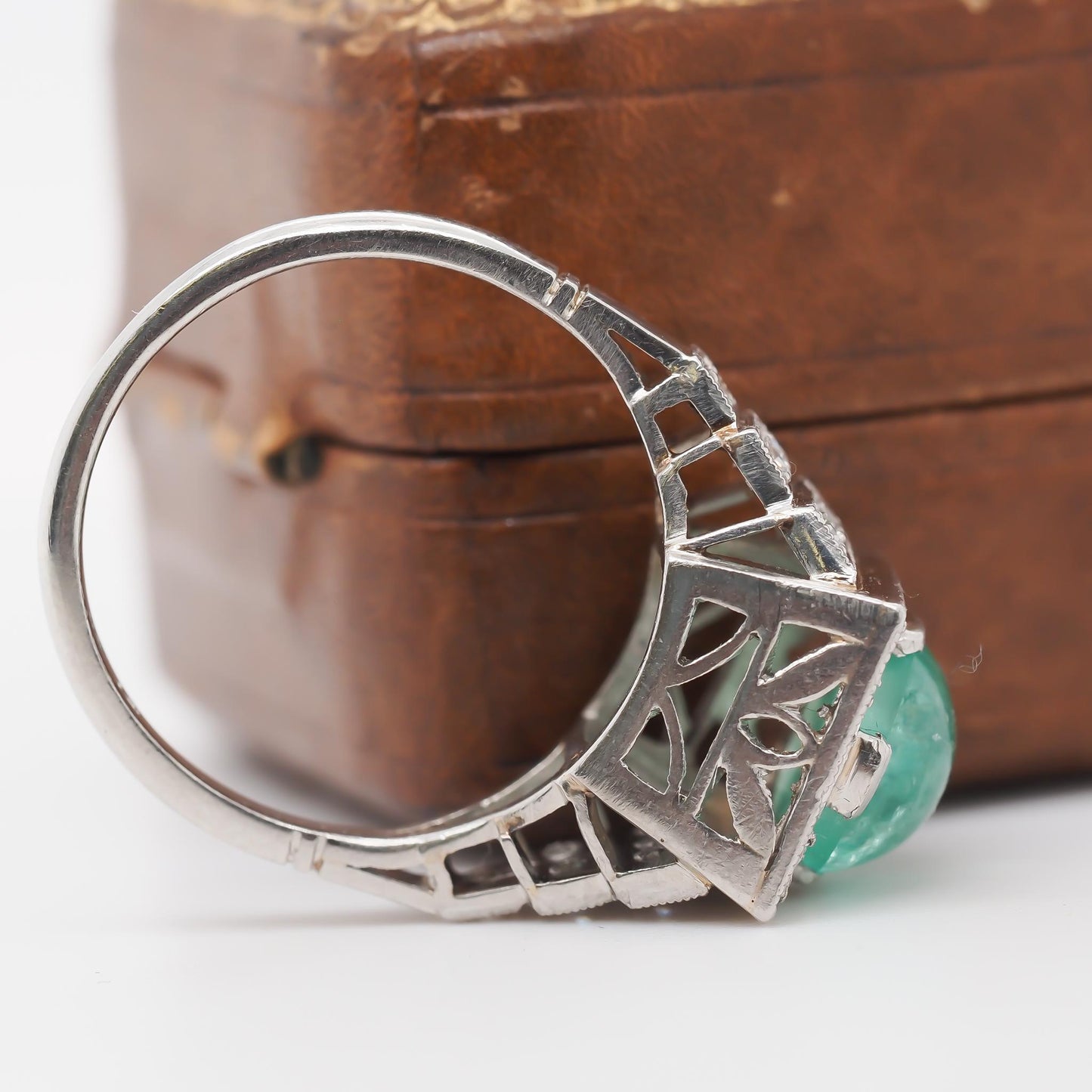 1930s Platinum Art Deco Cabochon Emerald Engagement Ring