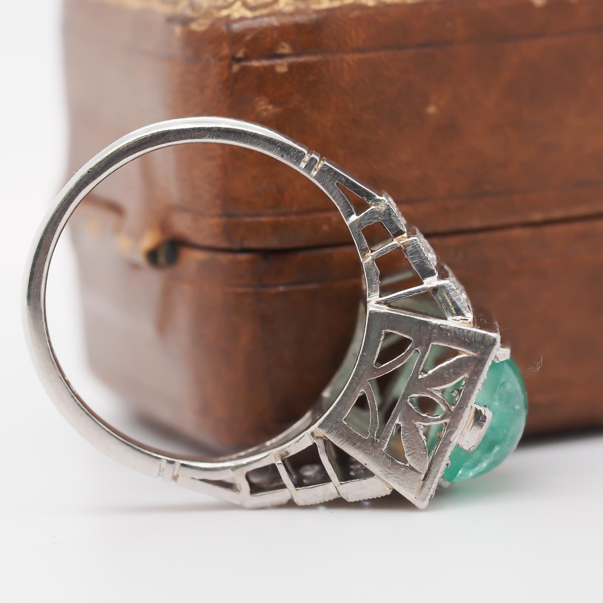 1930s Platinum Art Deco Cabochon Emerald Engagement Ring