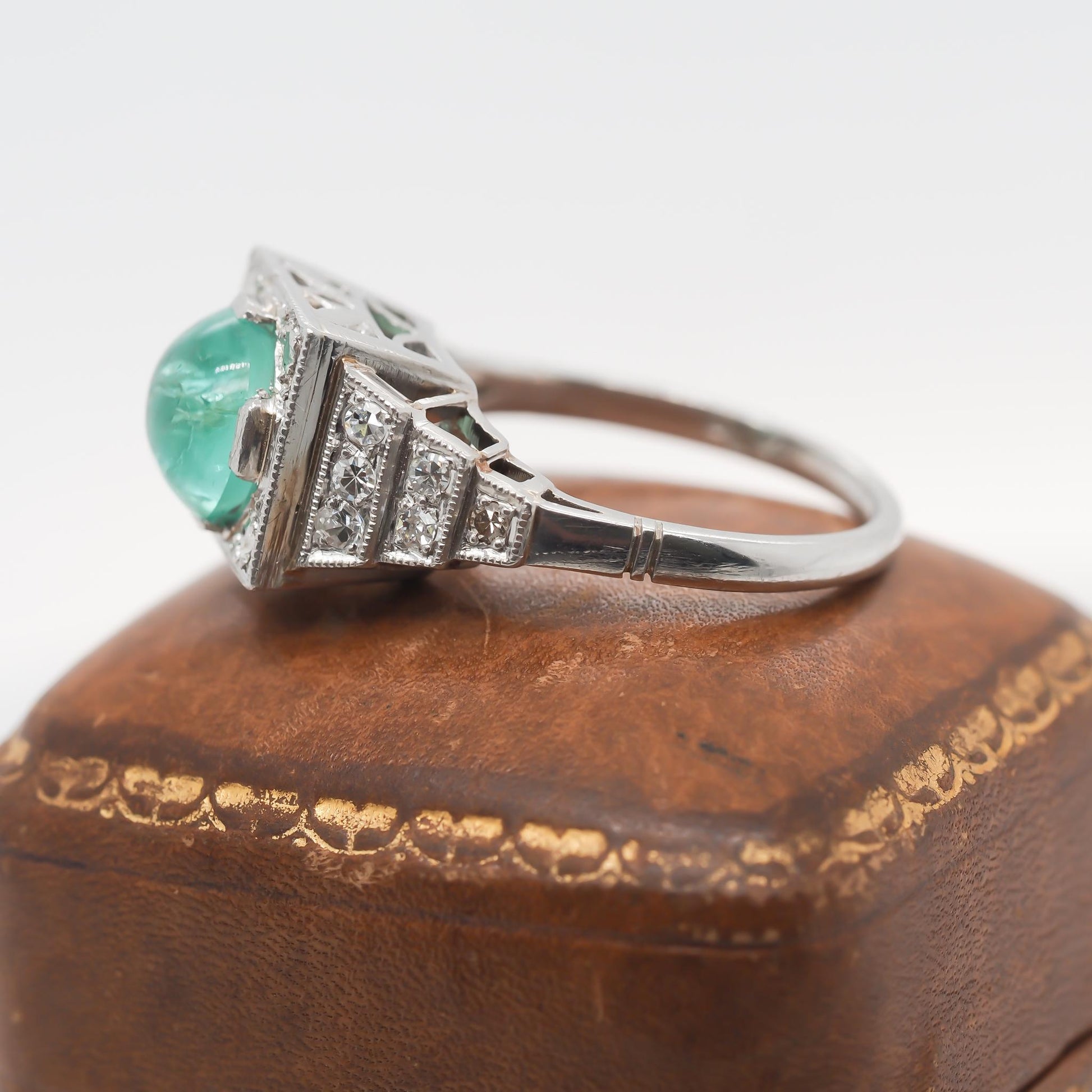 1930s Platinum Art Deco Cabochon Emerald Engagement Ring
