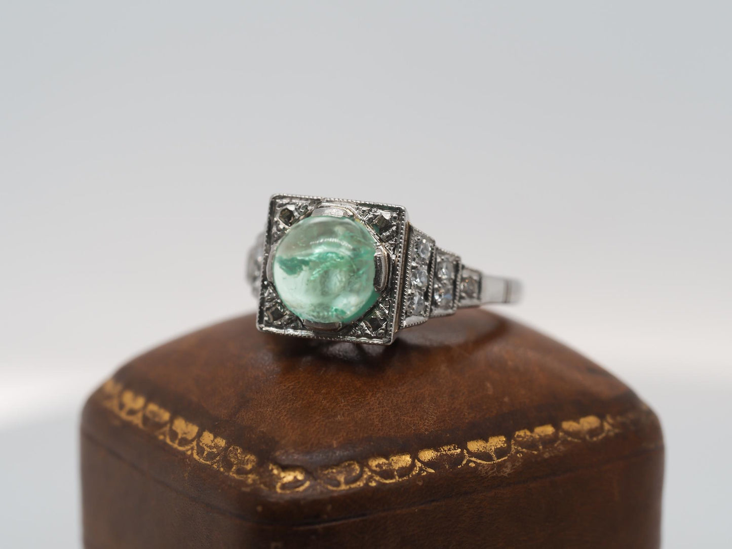 1930s Platinum Art Deco Cabochon Emerald Engagement Ring