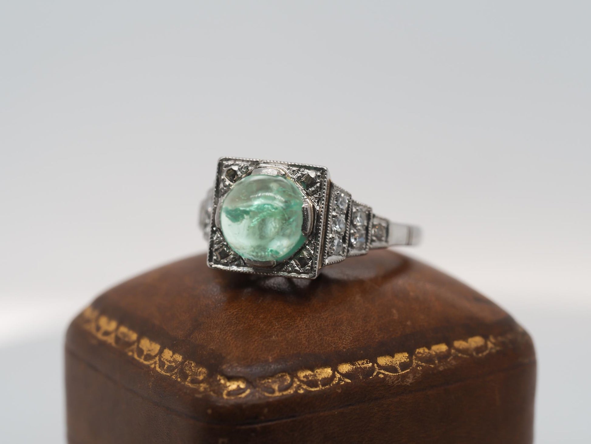 1930s Platinum Art Deco Cabochon Emerald Engagement Ring