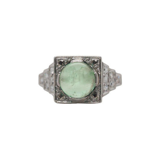 1930s Platinum Art Deco Cabochon Emerald Engagement Ring