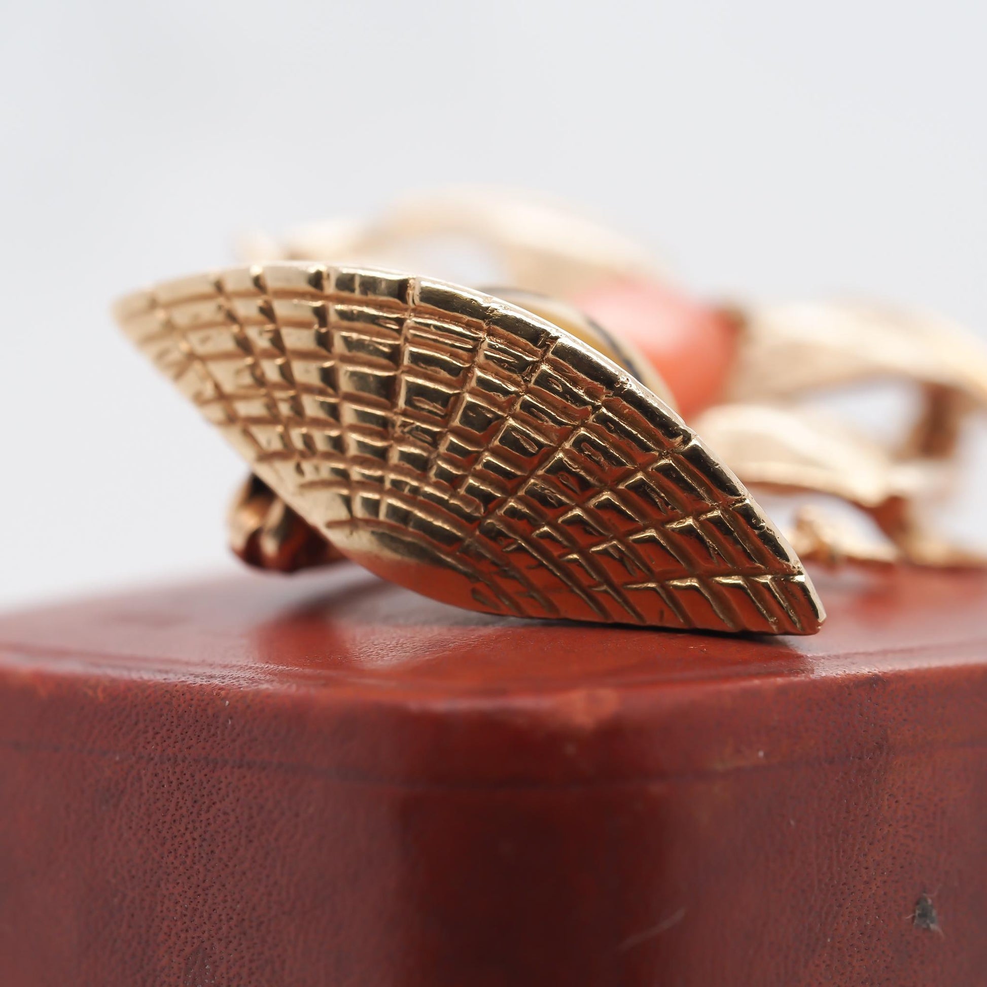 14K Yellow Gold Coral and Tigers Eye Brooch of Person