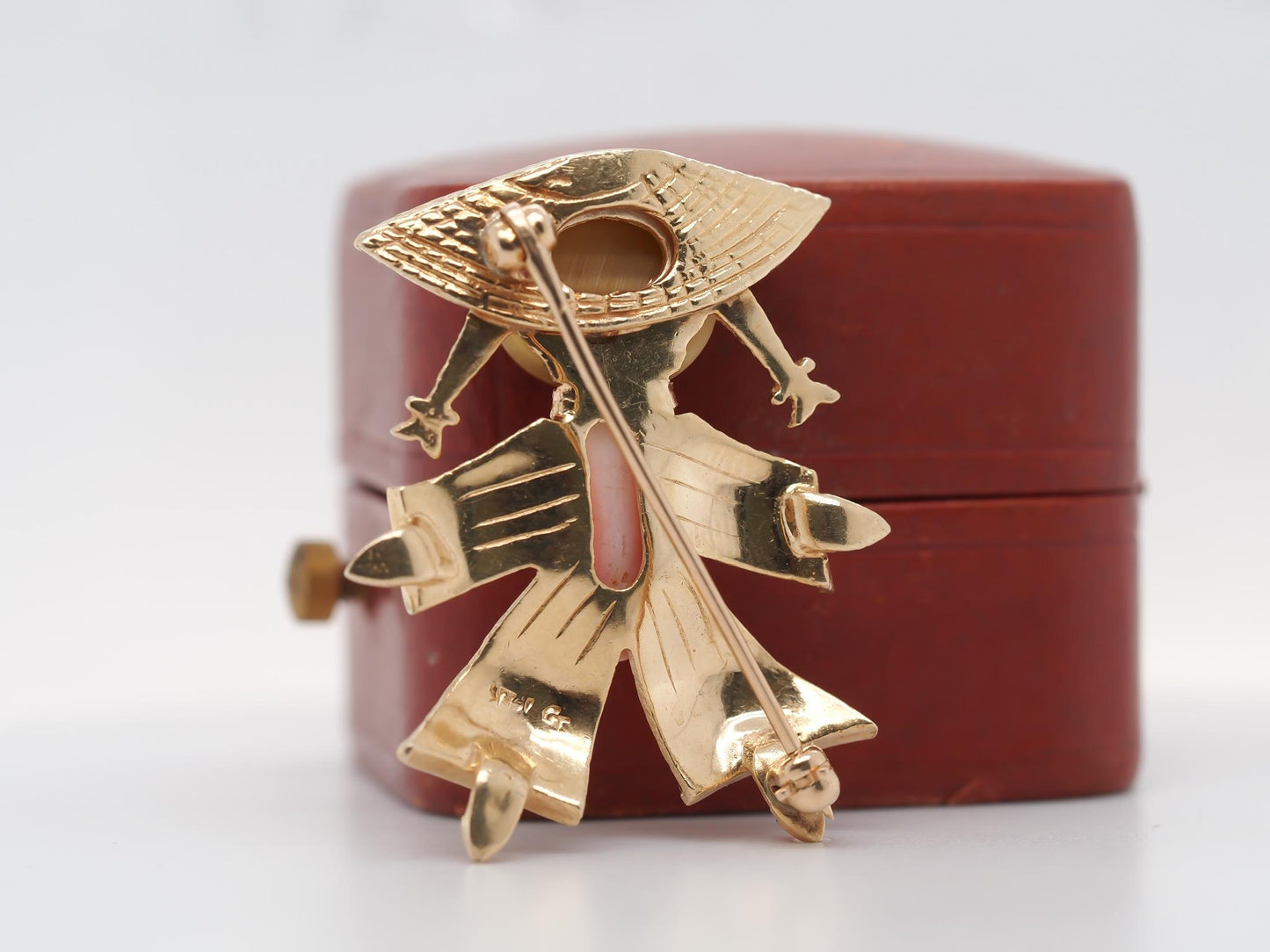 14K Yellow Gold Coral and Tigers Eye Brooch of Person