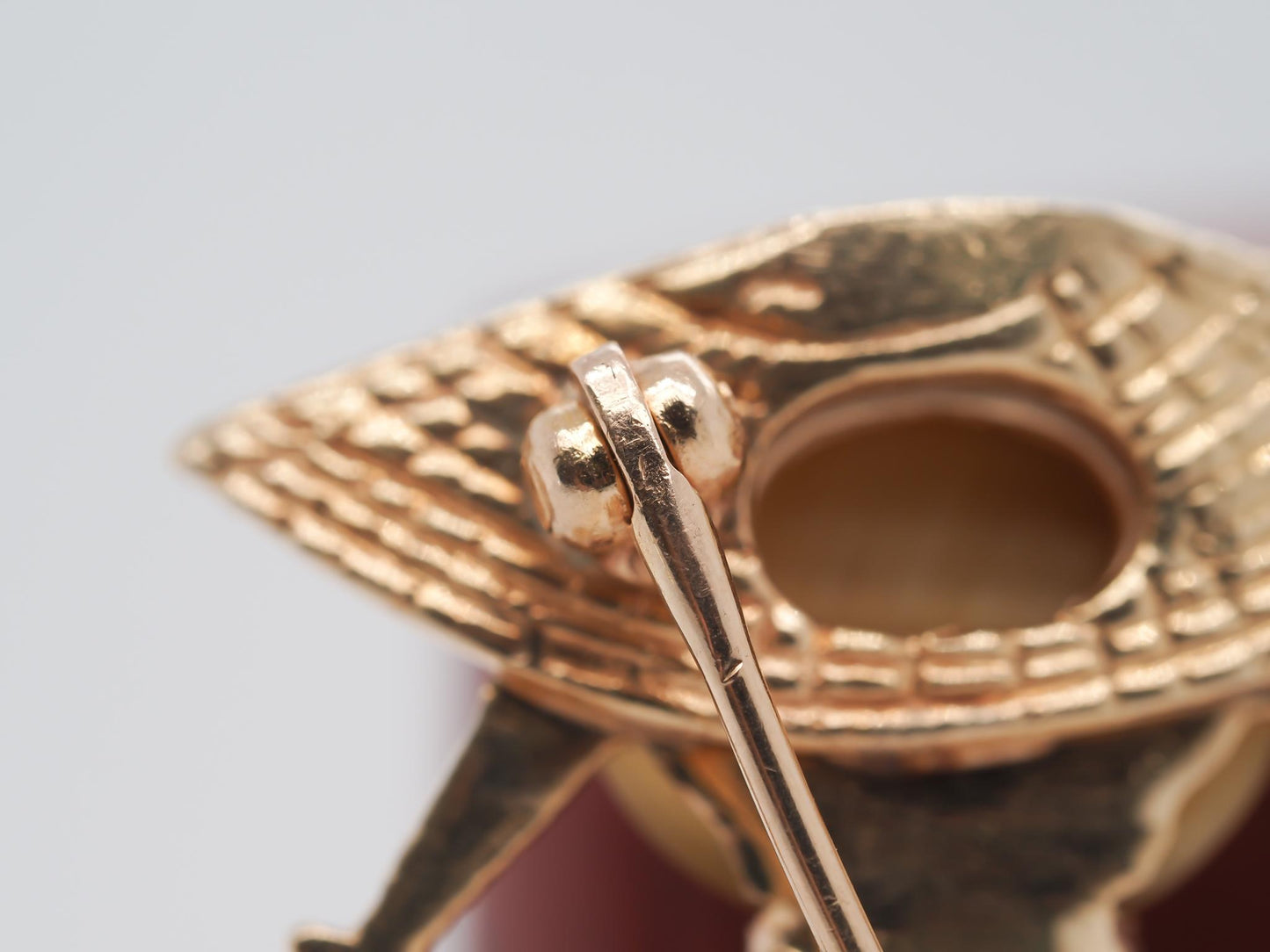 14K Yellow Gold Coral and Tigers Eye Brooch of Person