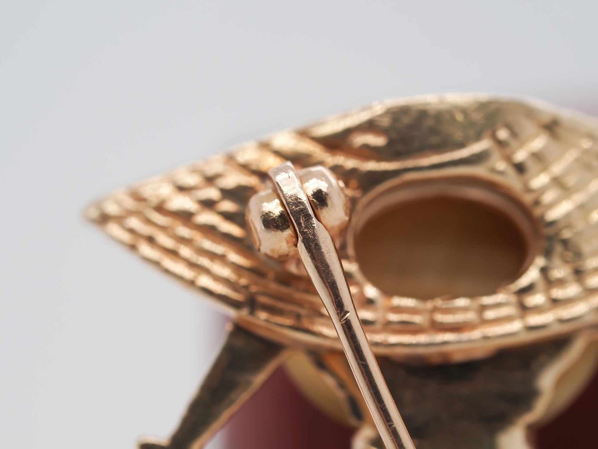 14K Yellow Gold Coral and Tigers Eye Brooch of Person