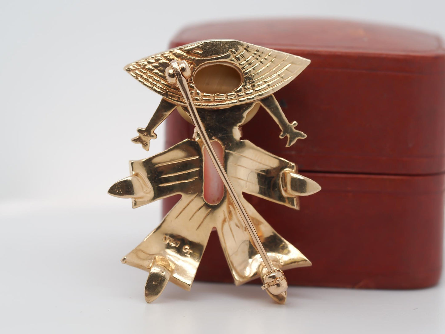 14K Yellow Gold Coral and Tigers Eye Brooch of Person